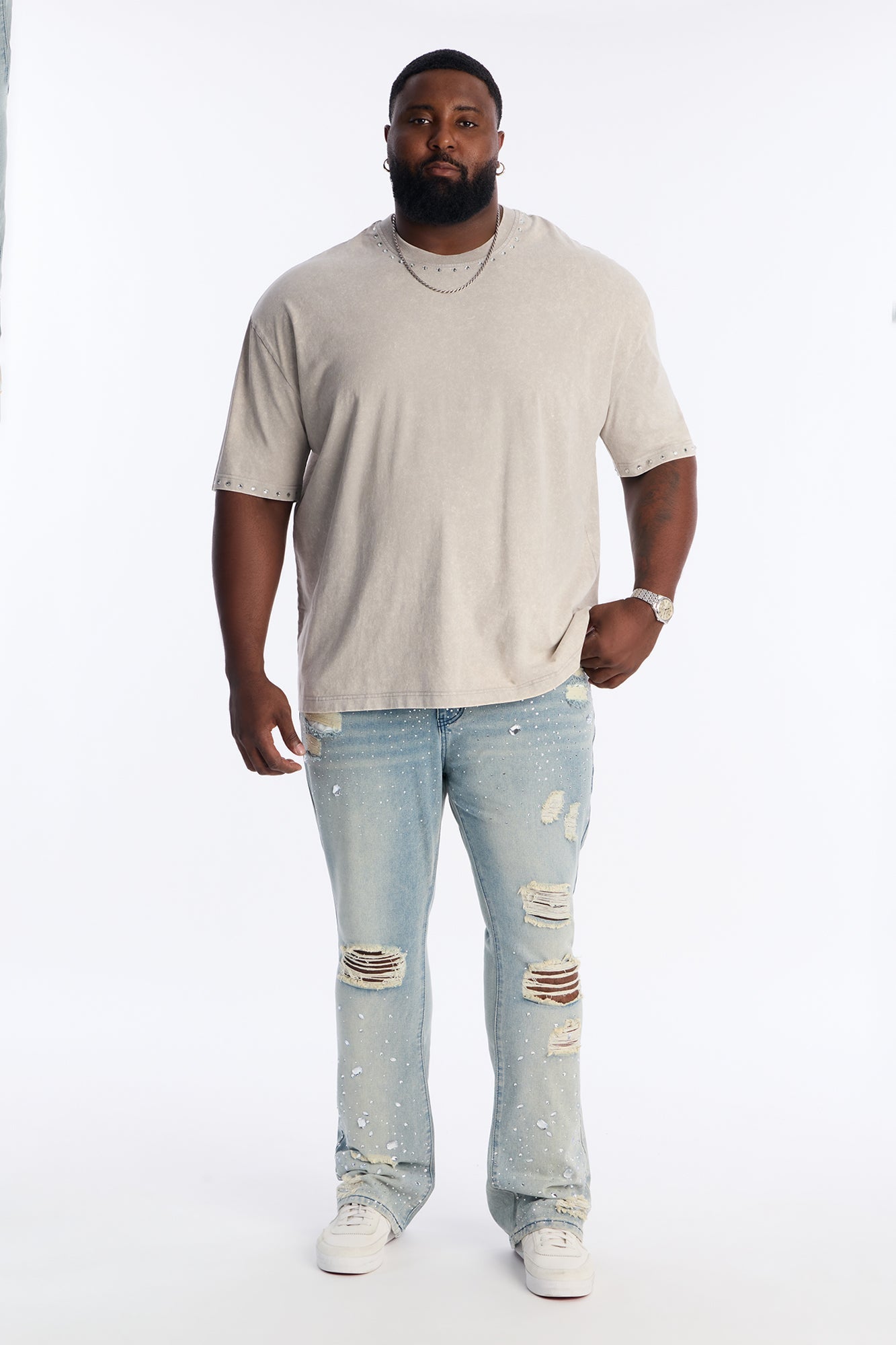Stacked Skinny Flare Walk Me Through Jeweled Distressed Jean - Medium Blue Wash