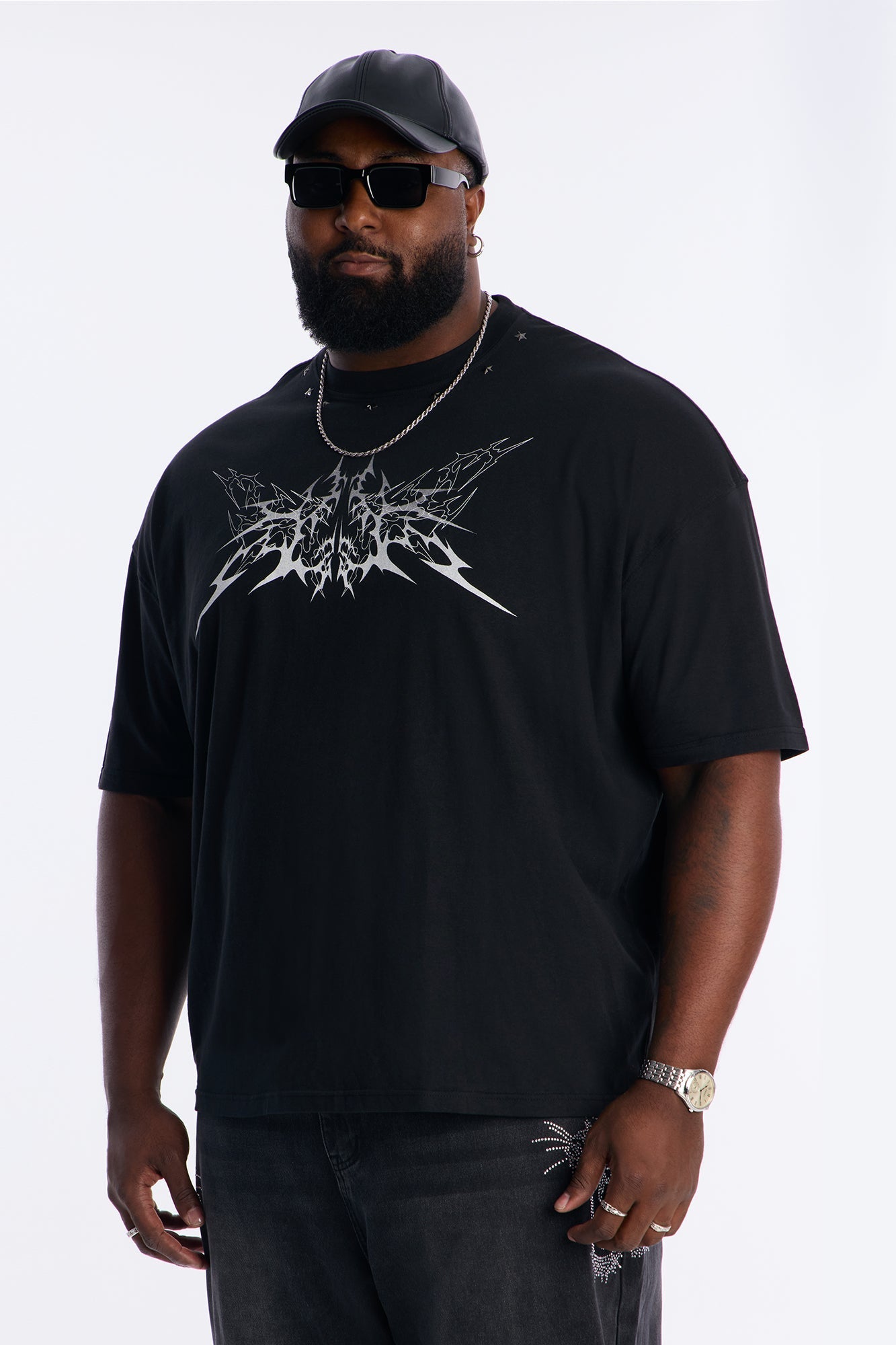 Metal Star Studded Short Sleeve Tee - Black