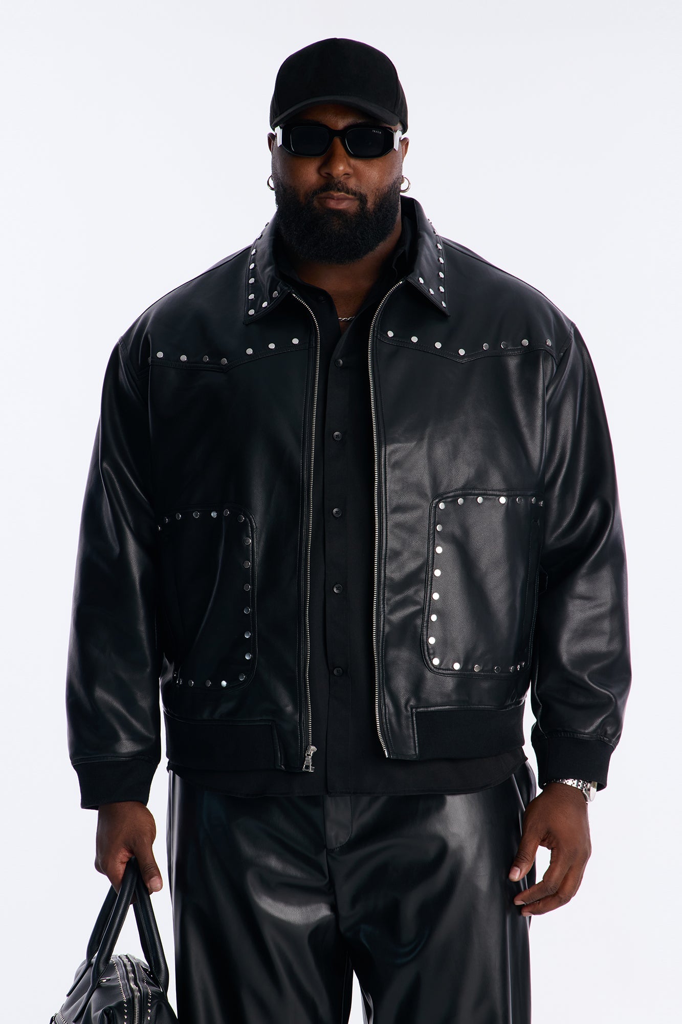 Relaxed Riff Studded Faux Leather Bomber Jacket - Black