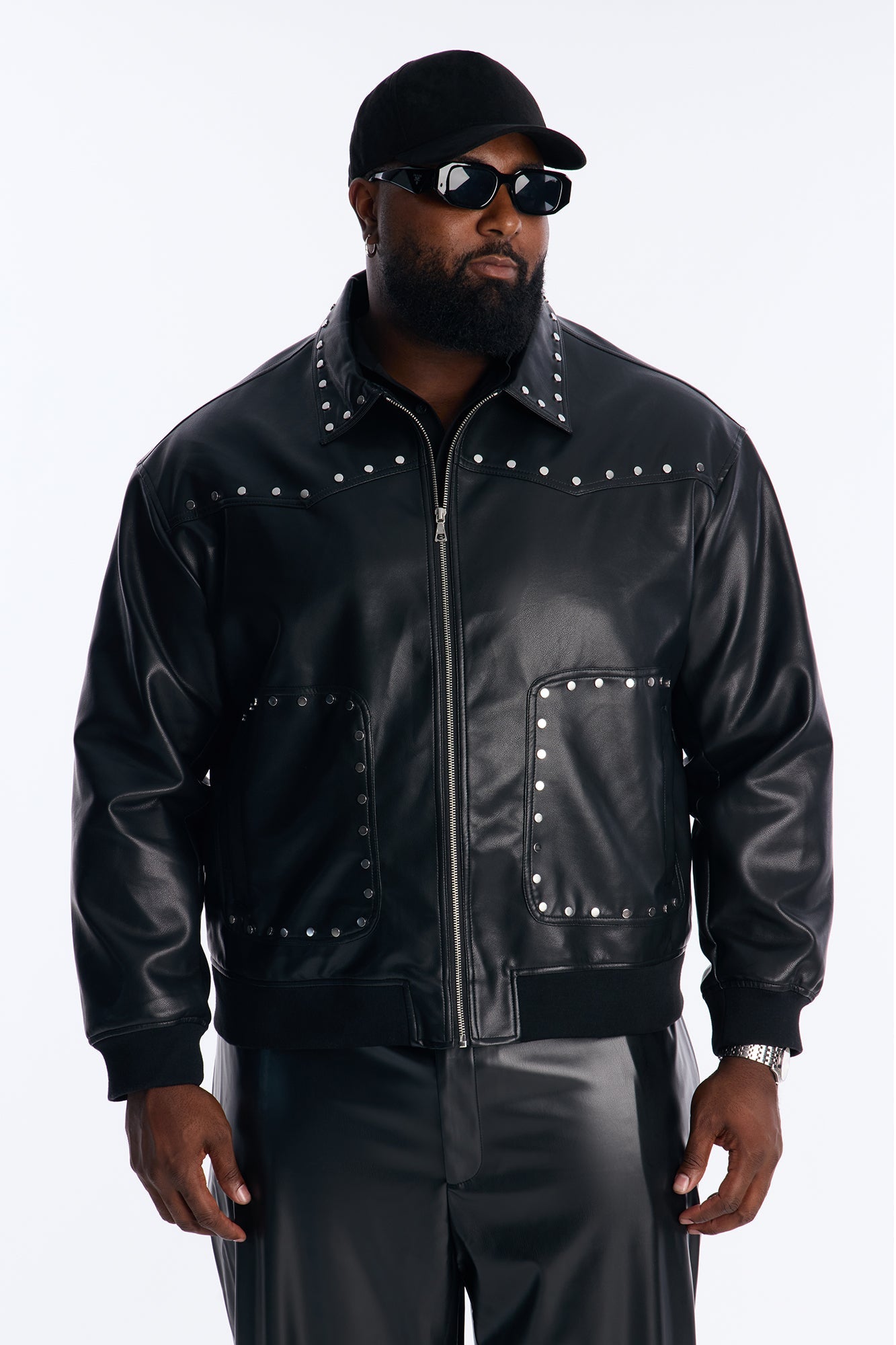Relaxed Riff Studded Faux Leather Bomber Jacket - Black