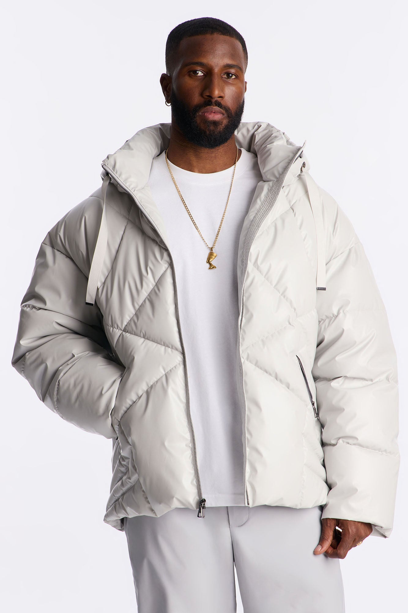 Oversized High Low Hooded Puffer Jacket - Grey