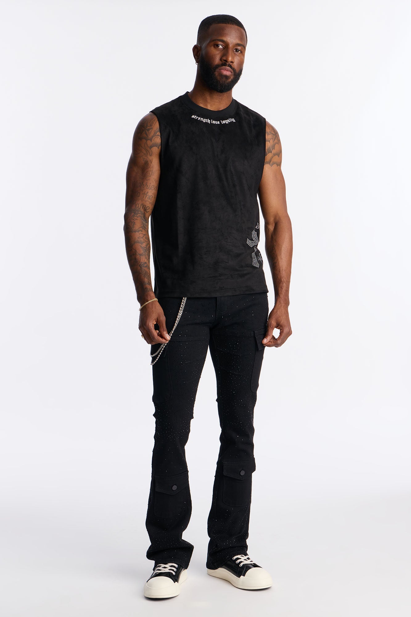 Studded Cross Faux Suede Muscle Tee - Black