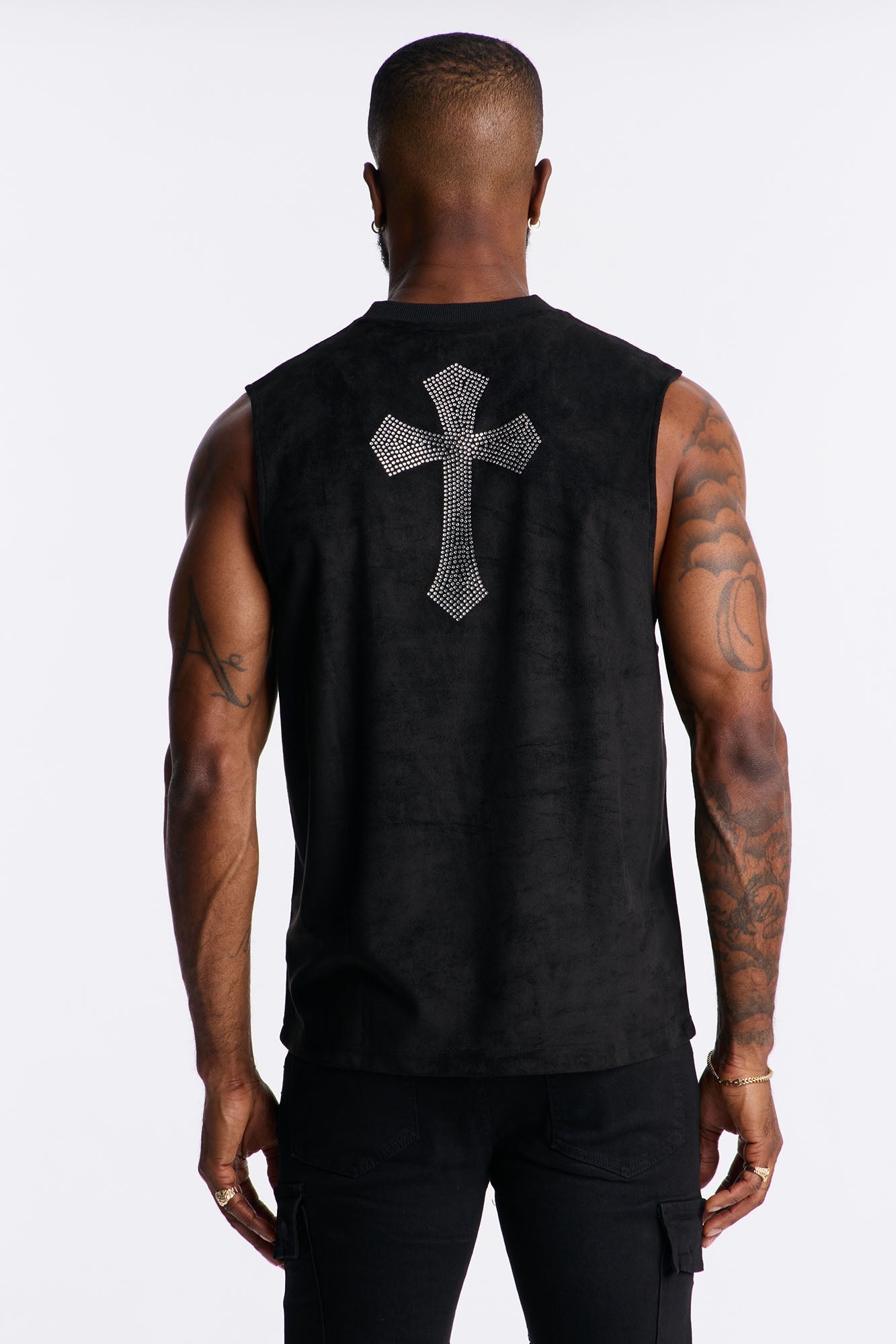 Studded Cross Faux Suede Muscle Tee - Black