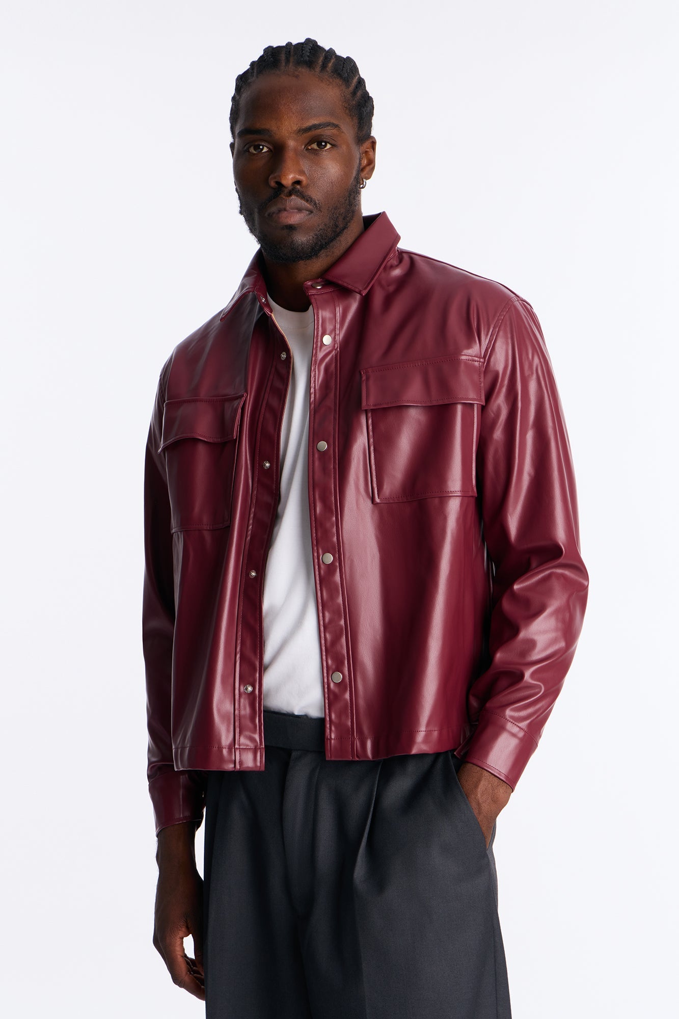 Cropped On Command Faux Leather Button Up Shirt - Burgundy