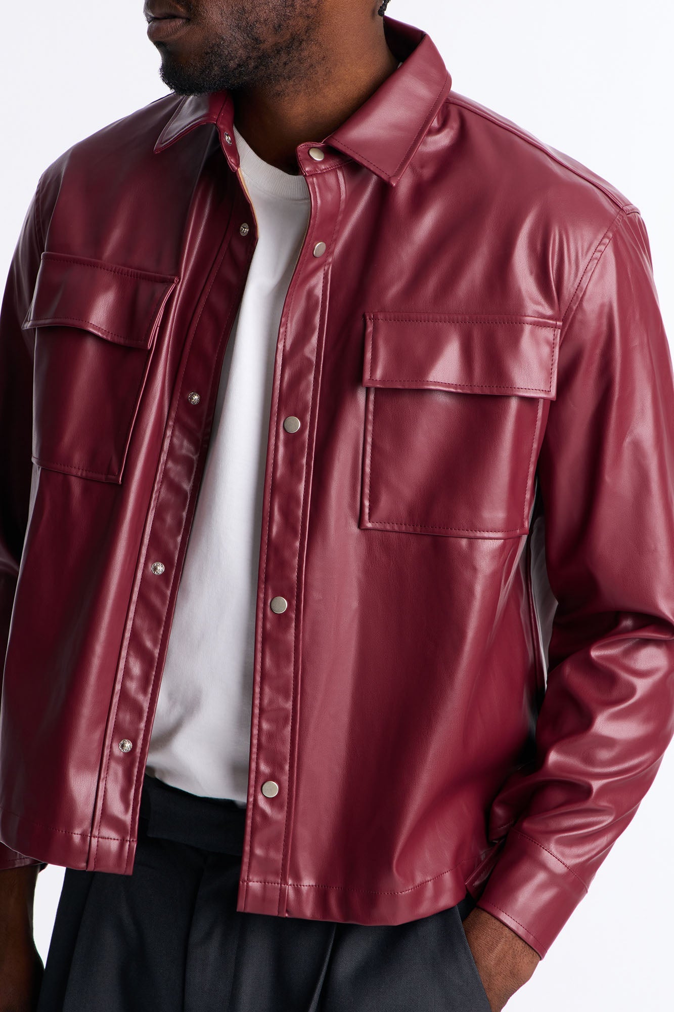 Cropped On Command Faux Leather Button Up Shirt - Burgundy