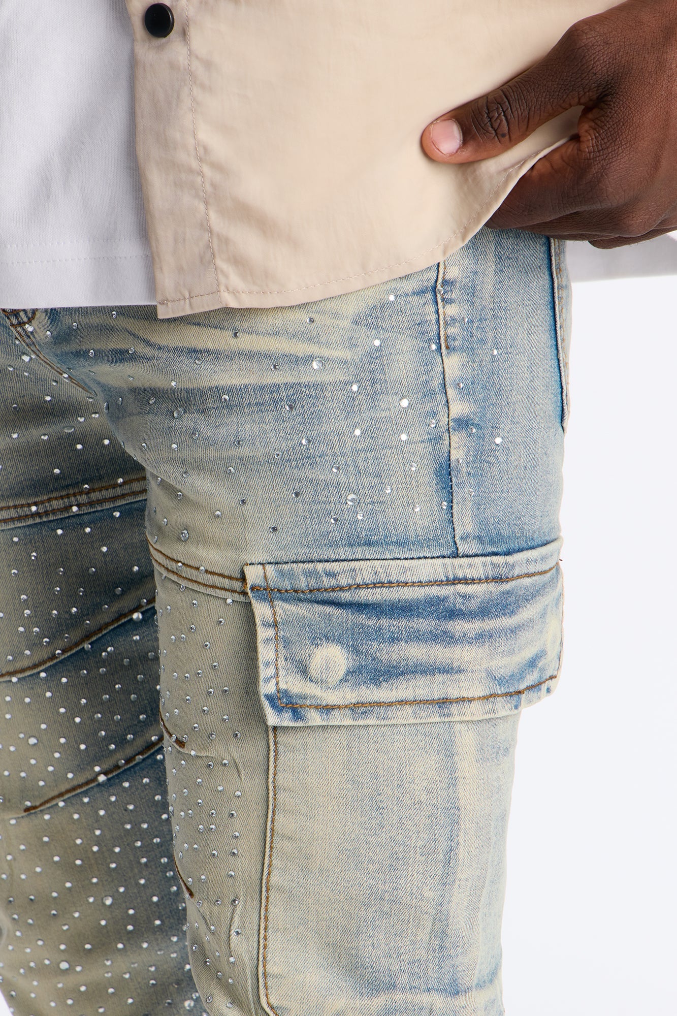 Stacked Skinny Flare Speckled Jeweled Cargo Jean - Medium Wash