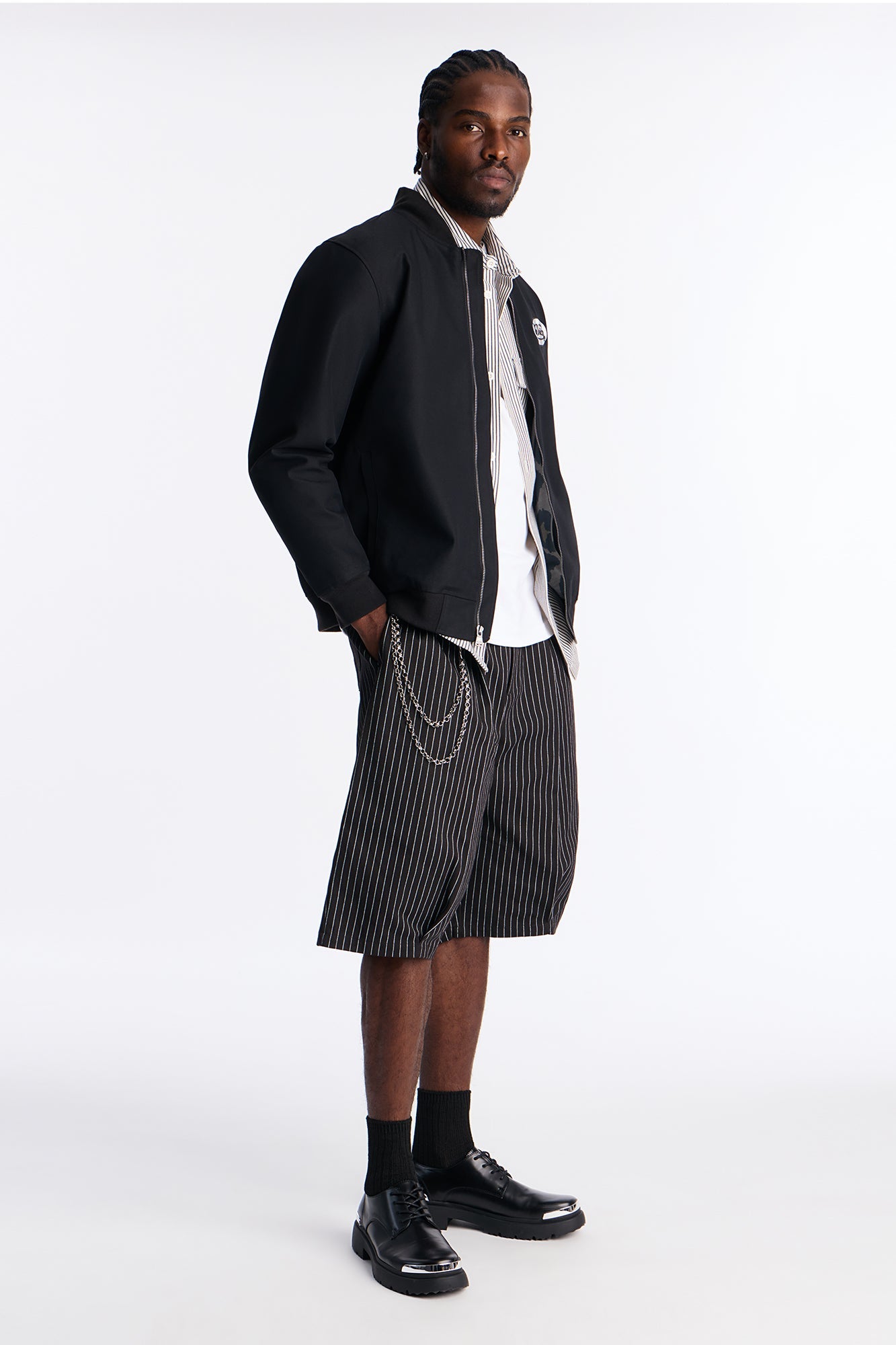 Deep Double Pleated Striped Trouser Short - Black