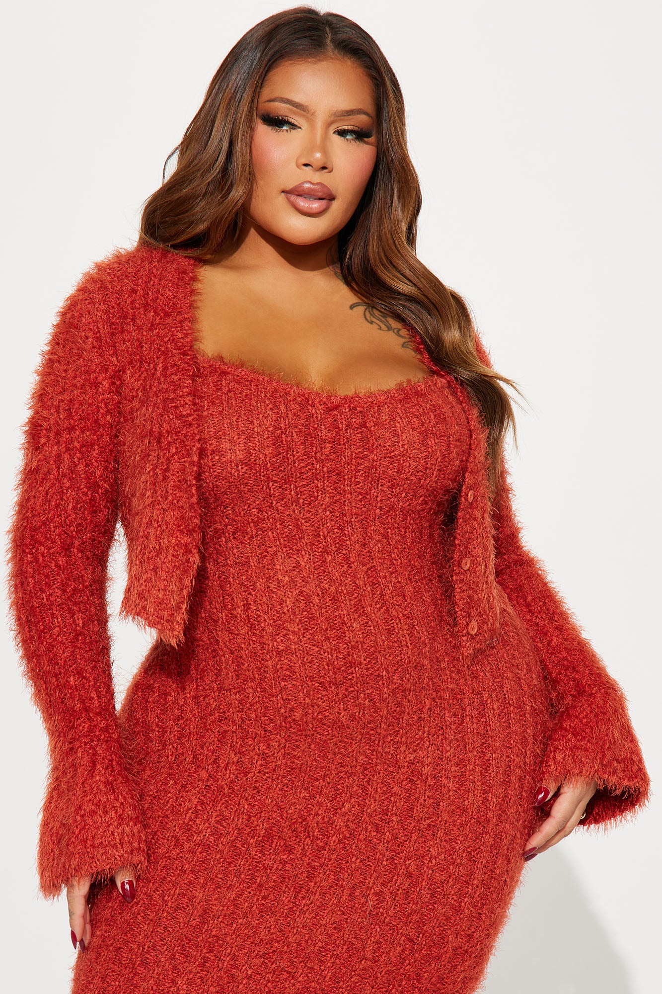 All Fuzzy Sweater Maxi Dress Set - Rust