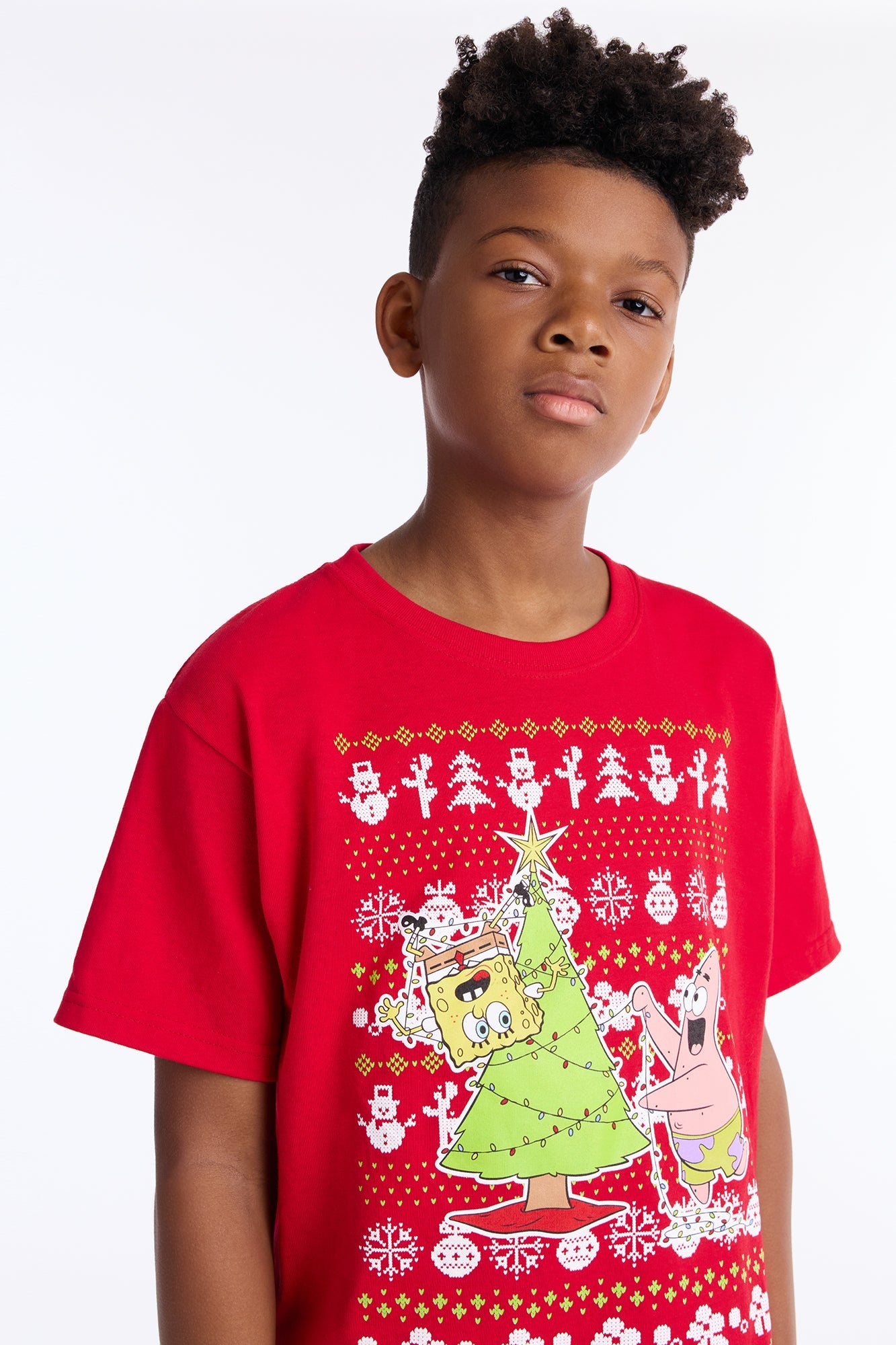Mini Spongebob And Patrick Trimming The Tree Short Sleeve Tee - Red