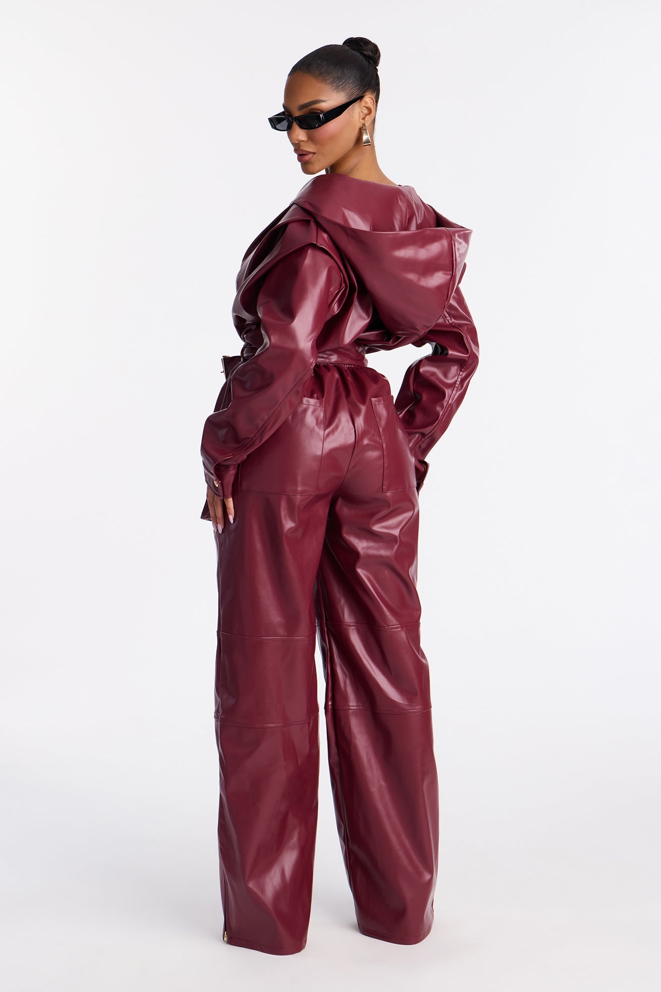 Sloane Hooded Cargo Leather Jumpsuit - Burgundy