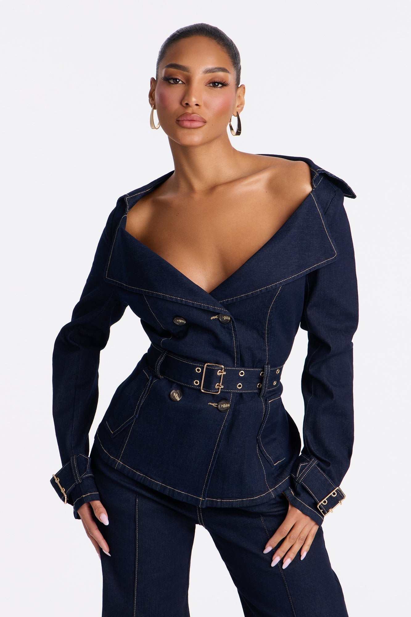 Ellanor Belted Trench Denim Pant Set - Dark Denim