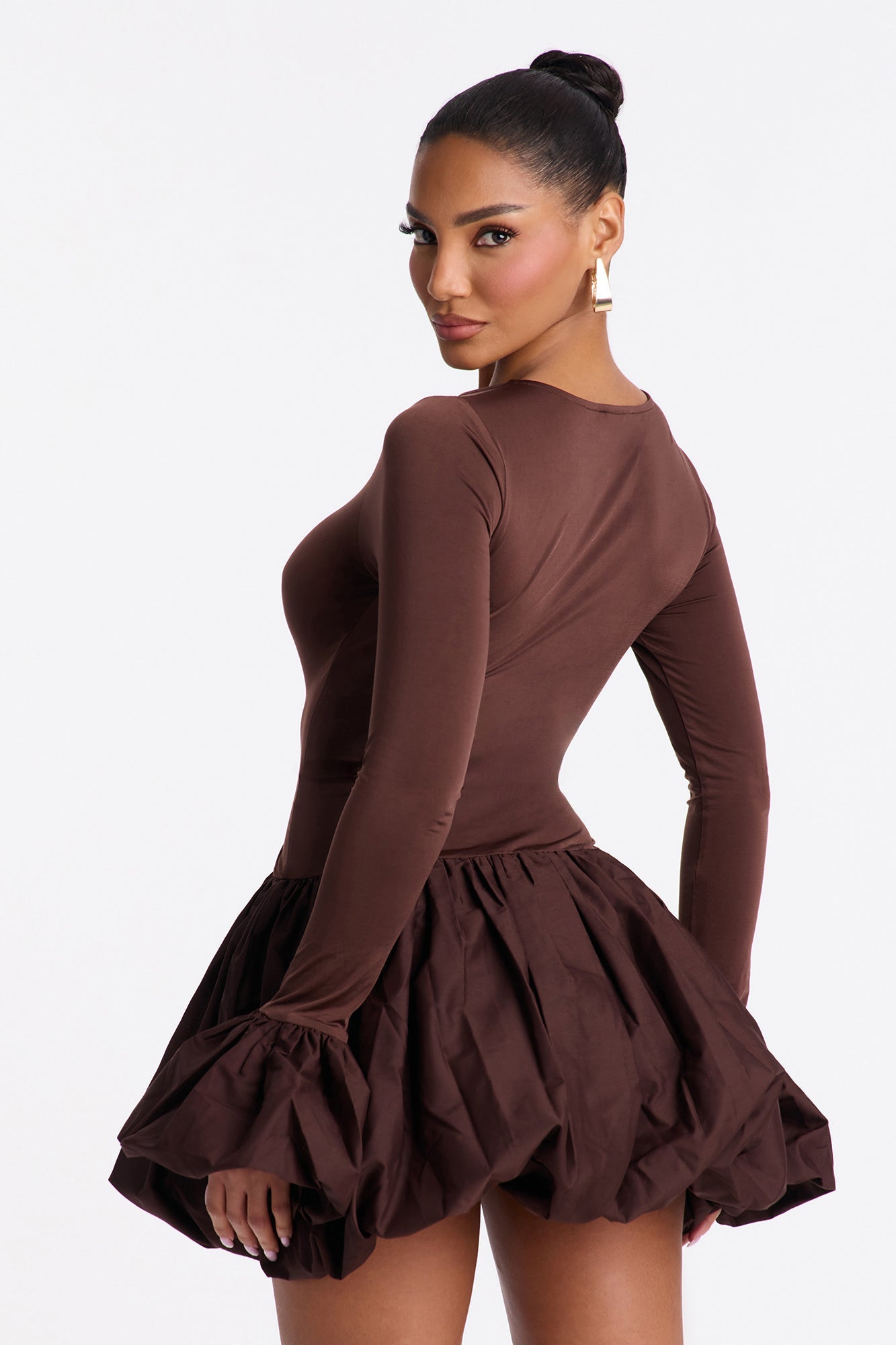 Jillian Puff Sleeve Bubble Mini Dress - Chocolate