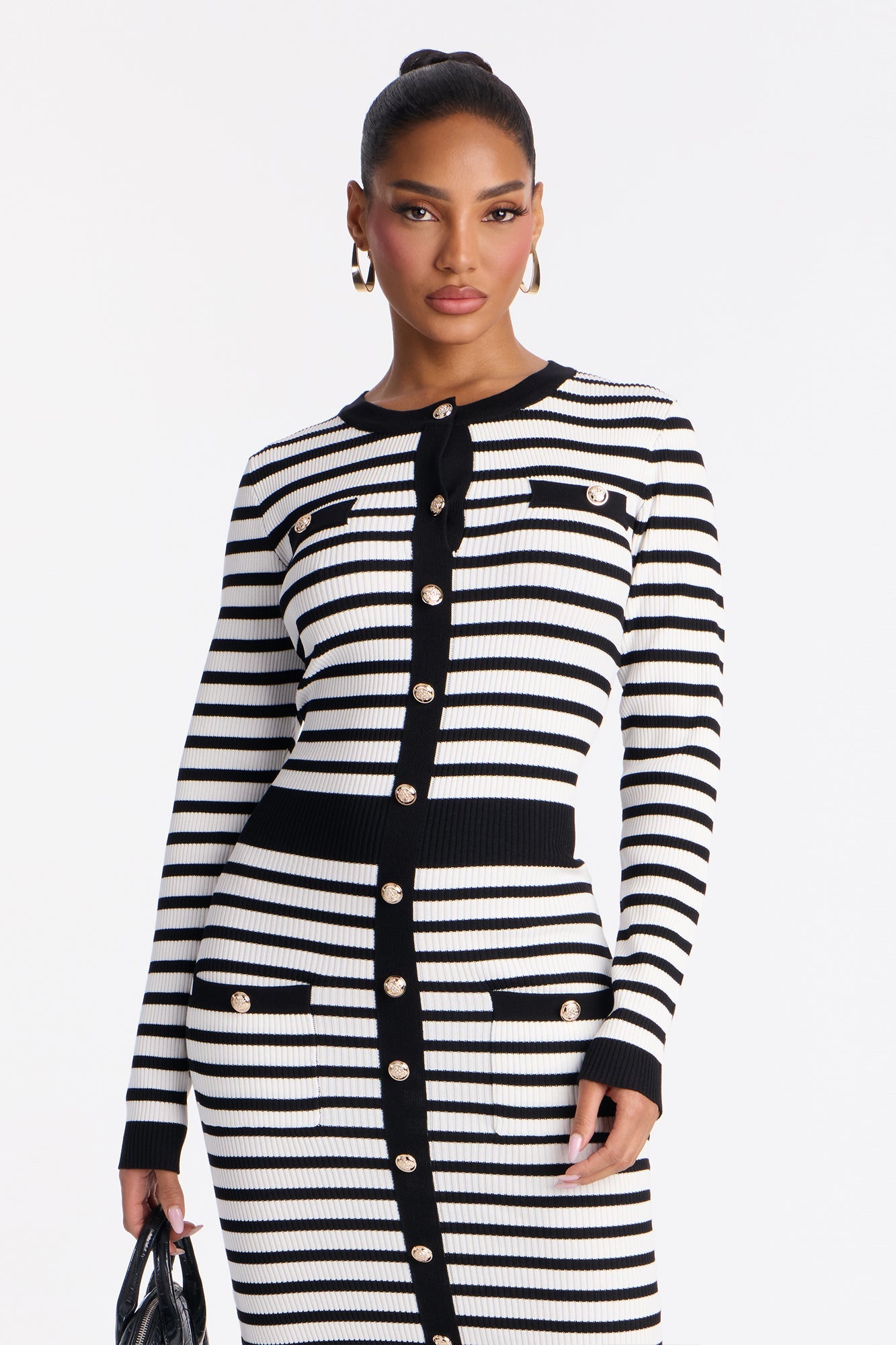 Zaylee Striped Ribbed Midi Dress - Black/White