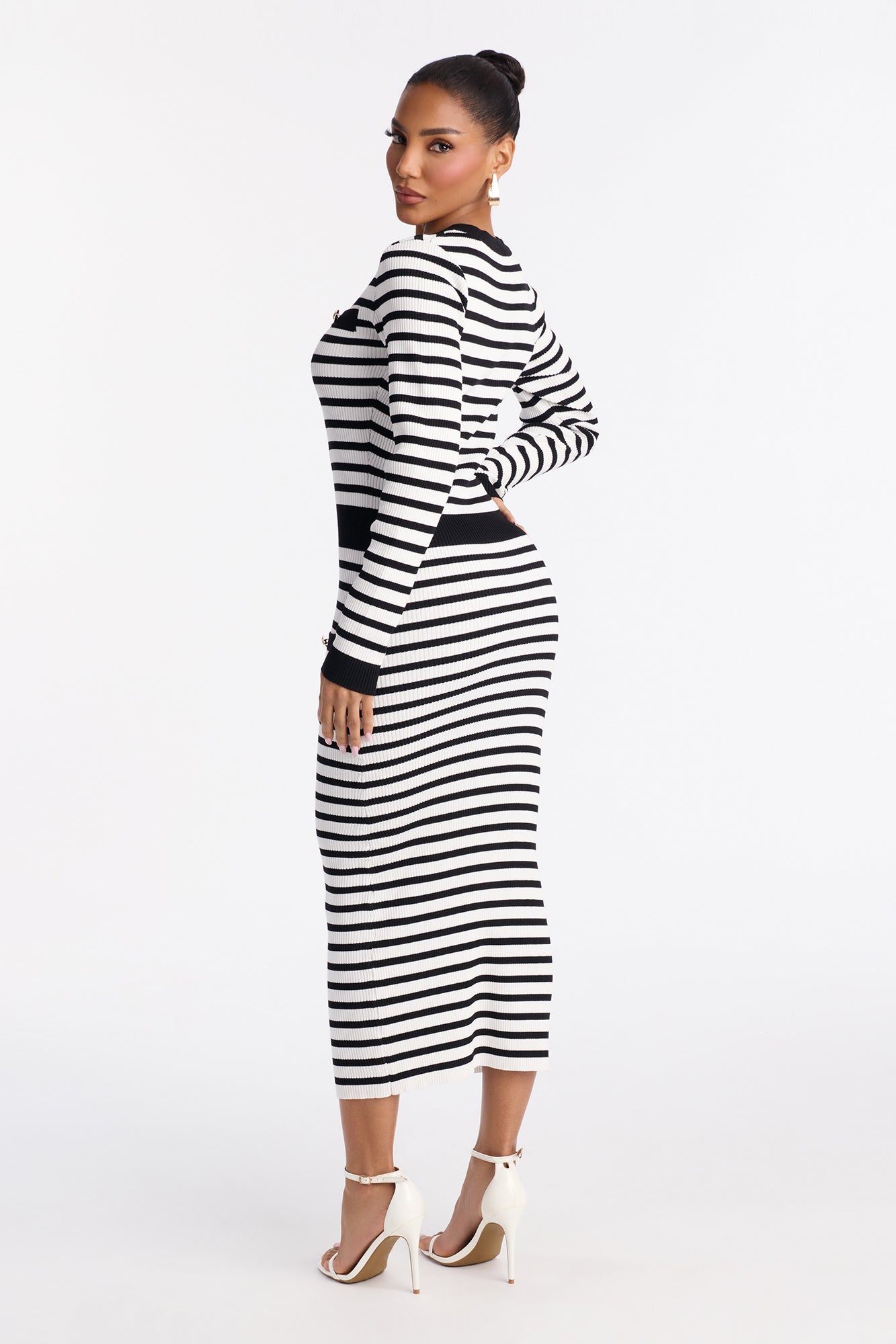 Zaylee Striped Ribbed Midi Dress - Black/White