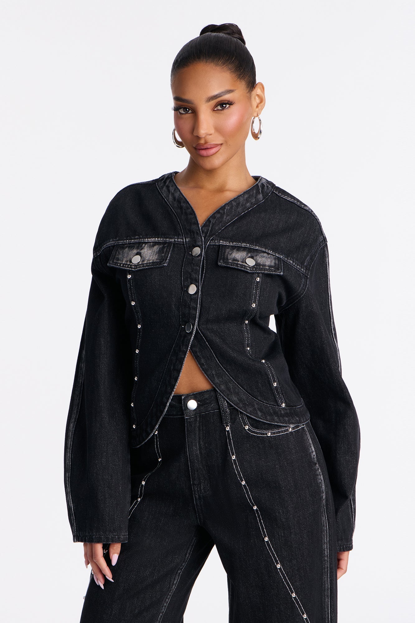 Alana Washed Studded Denim Pant Set - Dark Denim