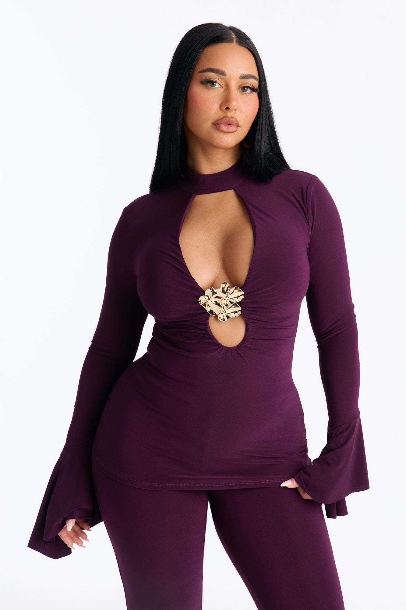 Sugar High Ruffle And Flare Pant Set - Eggplant