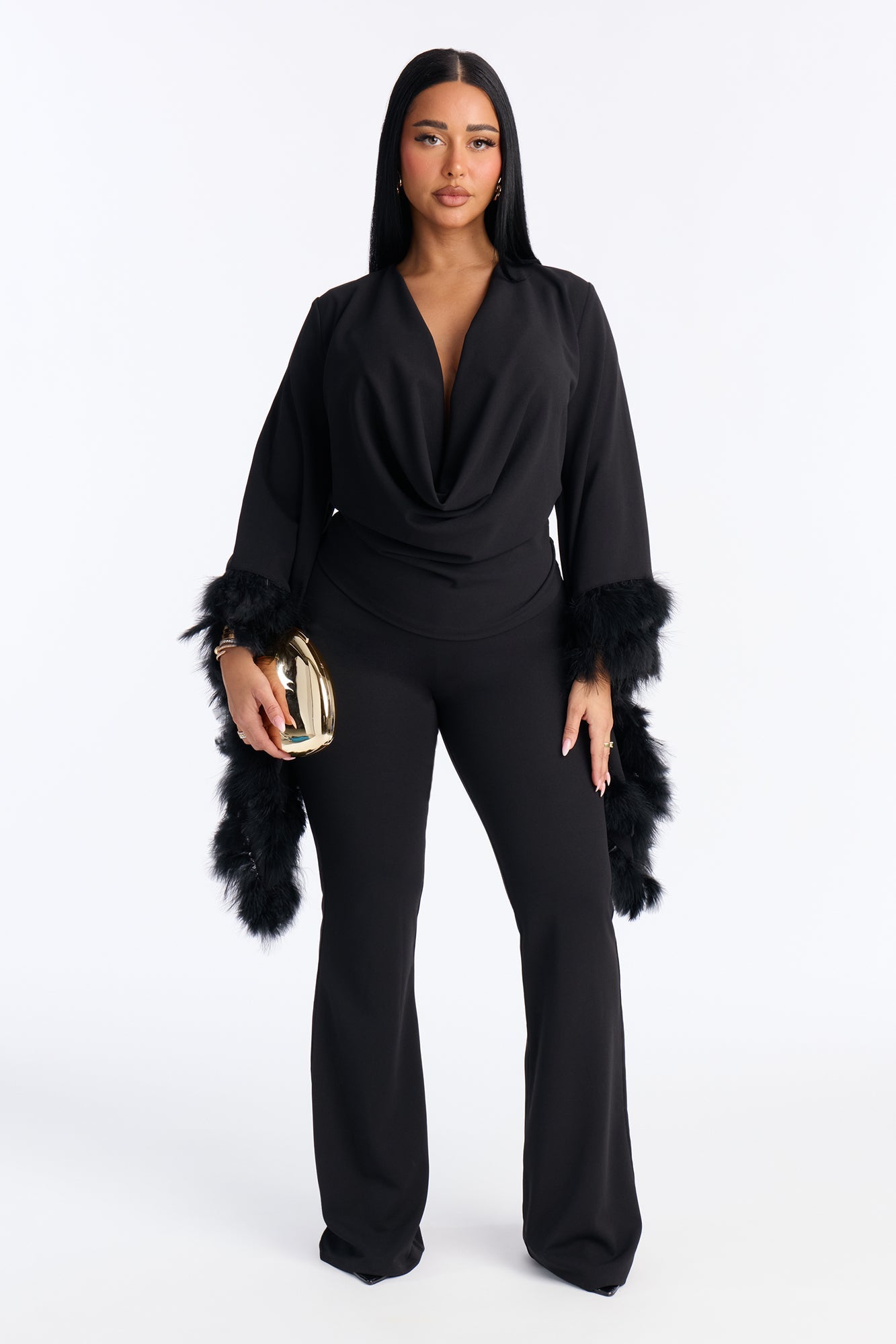 High Maintenance Drama Sleeve Feathered Pant Set - Black