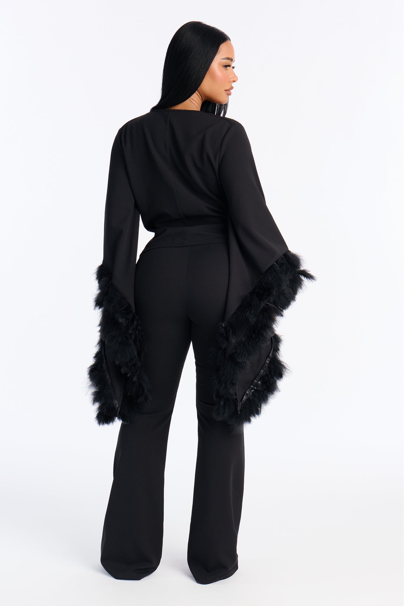 High Maintenance Drama Sleeve Feathered Pant Set - Black