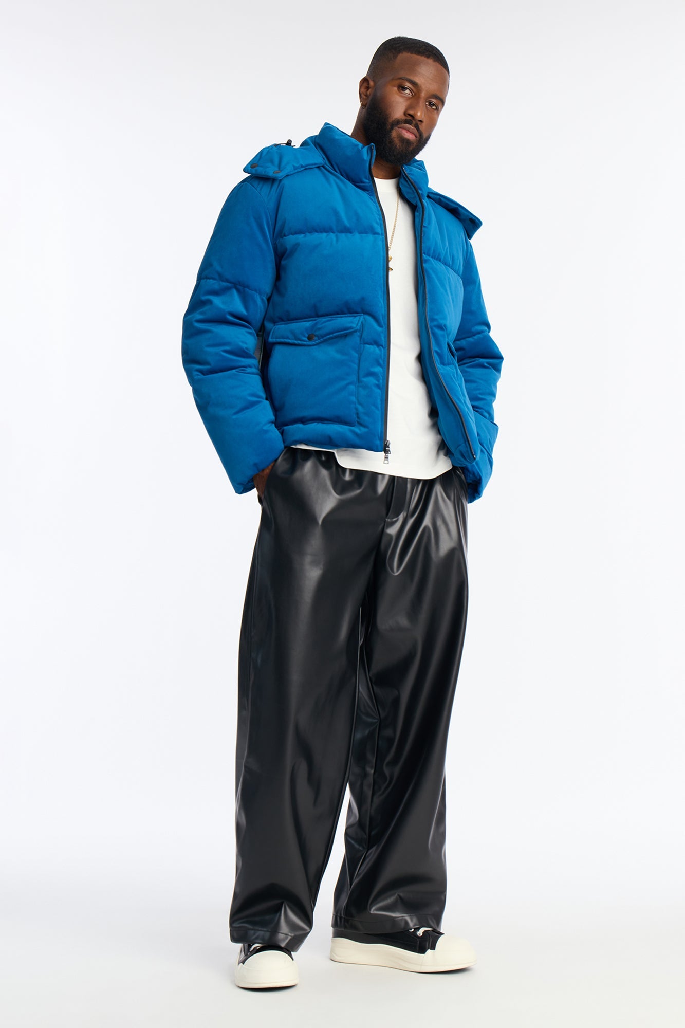 Cropped Hooded Velvet Classic Puffer Jacket - Blue