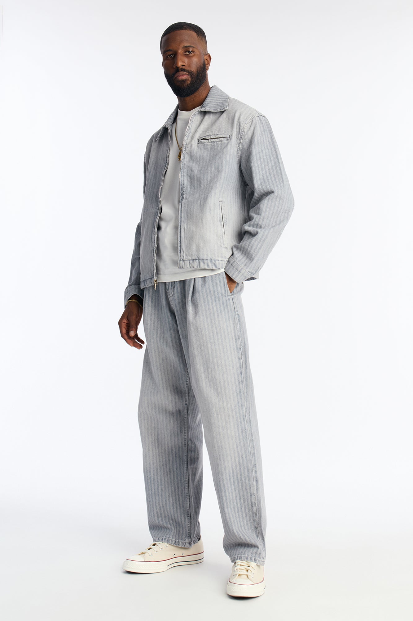 Cropped Subtle Stripe Denim Work Jacket - Grey