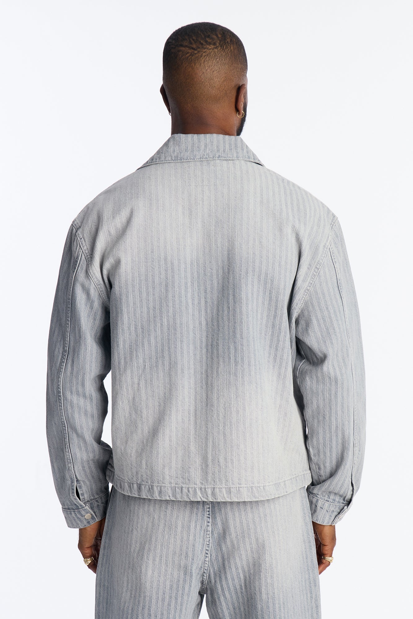 Cropped Subtle Stripe Denim Work Jacket - Grey