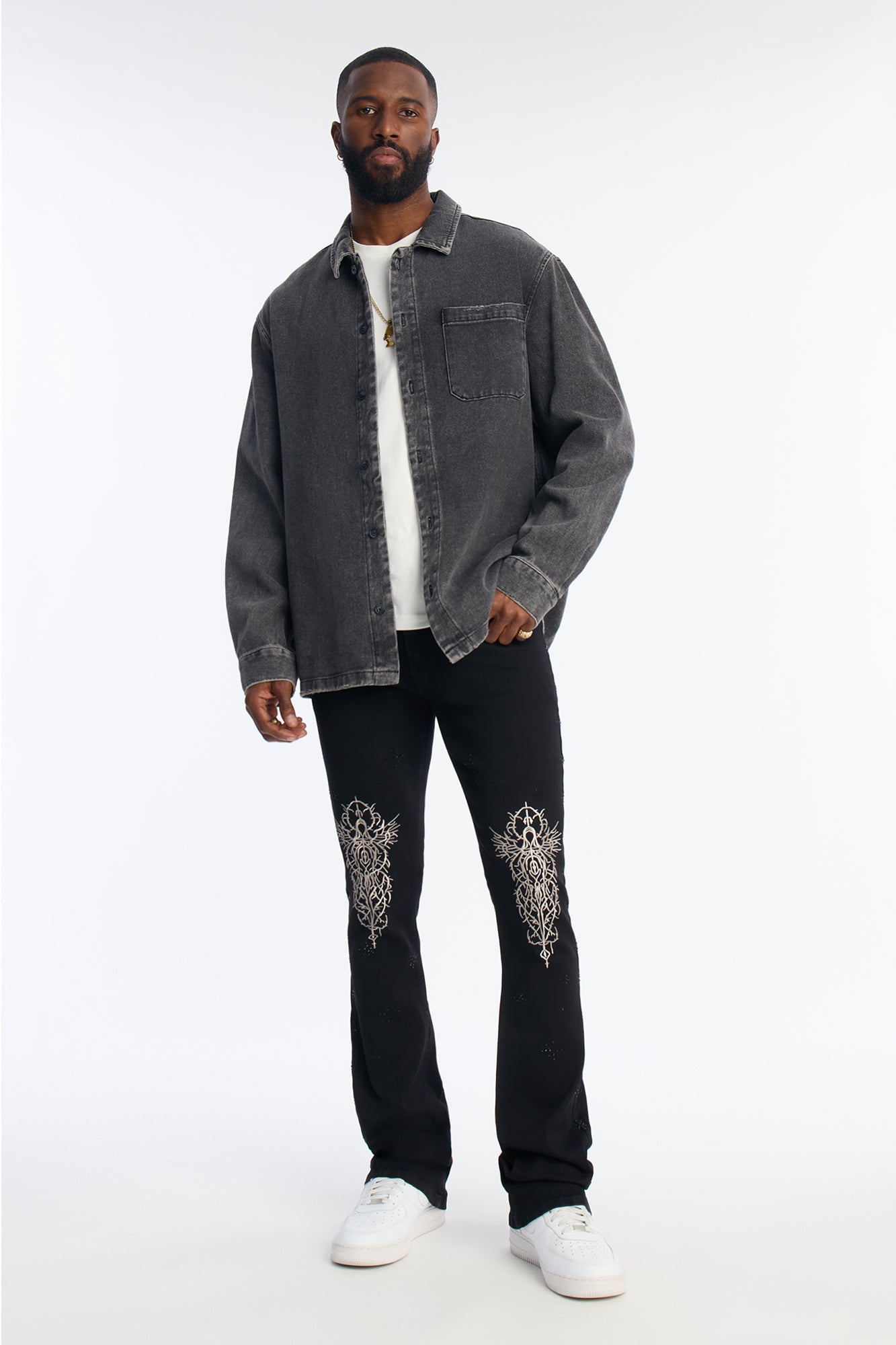 Stacked Skinny Flare Embroidered Saint Jeweled Jean - Black