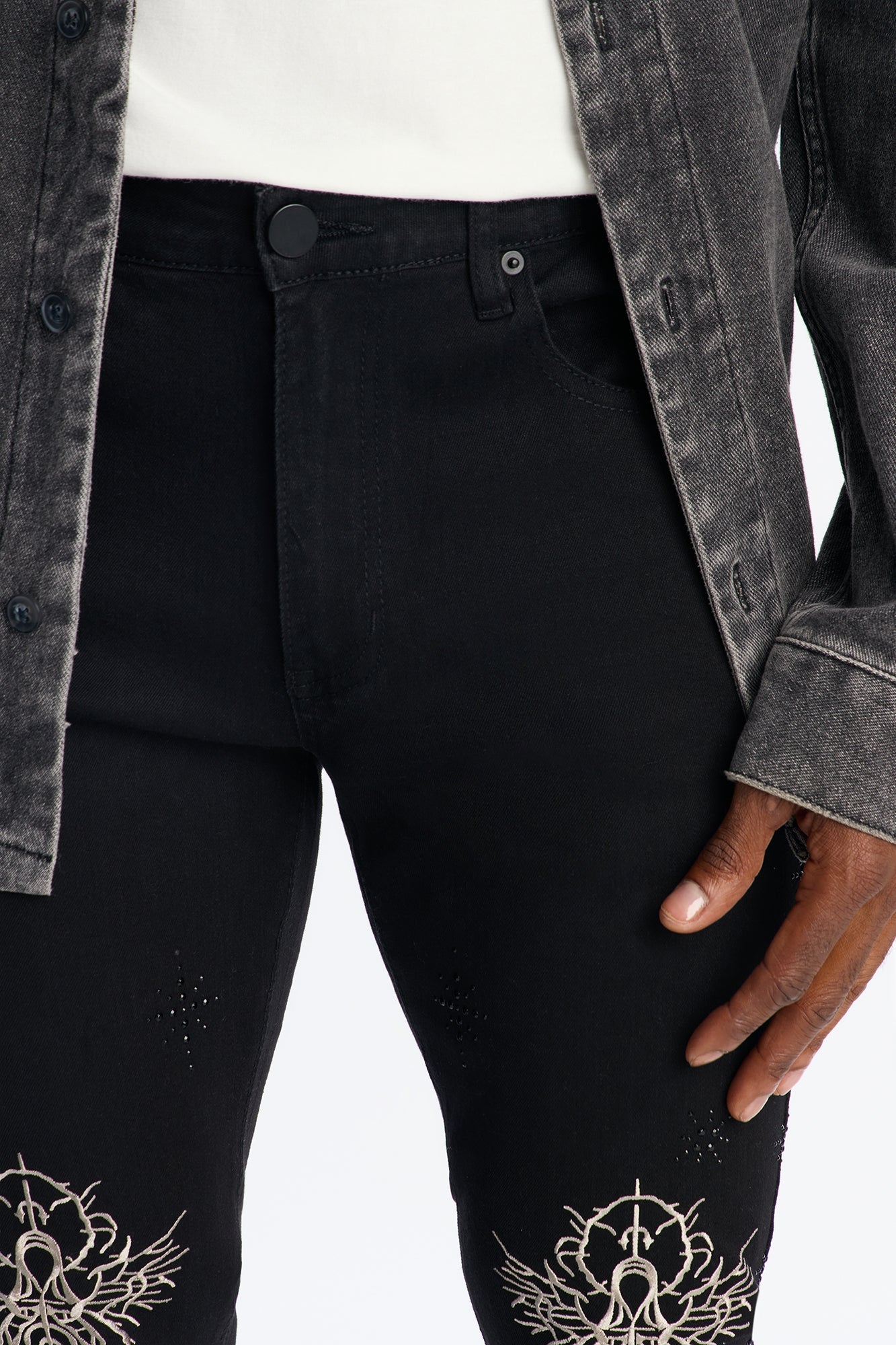 Stacked Skinny Flare Embroidered Saint Jeweled Jean - Black