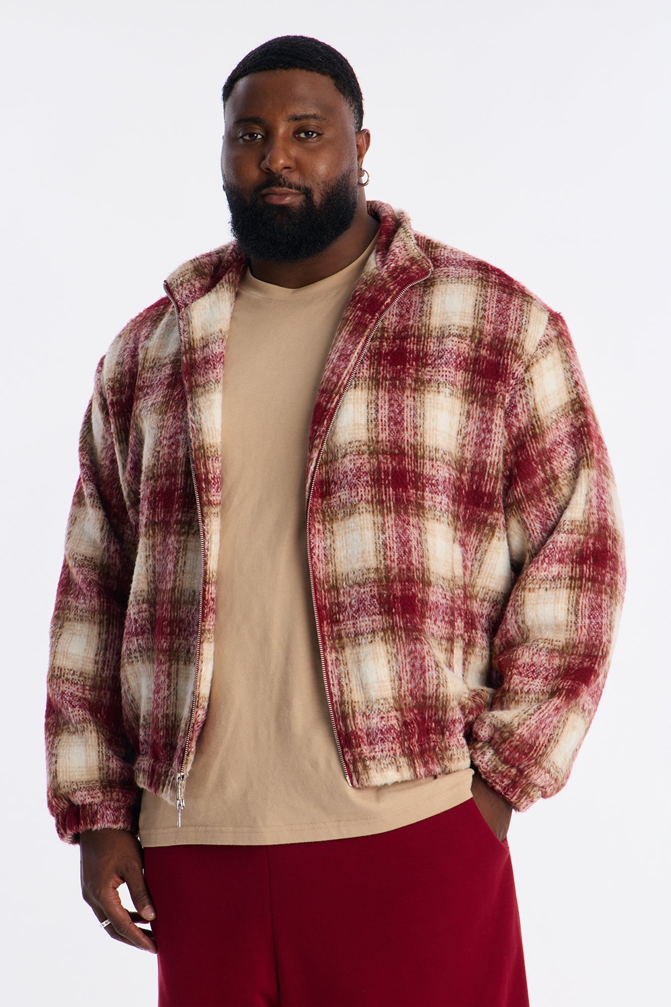 Relaxed Faux Wool Plaid Cozy Bomber Jacket - Burgundy