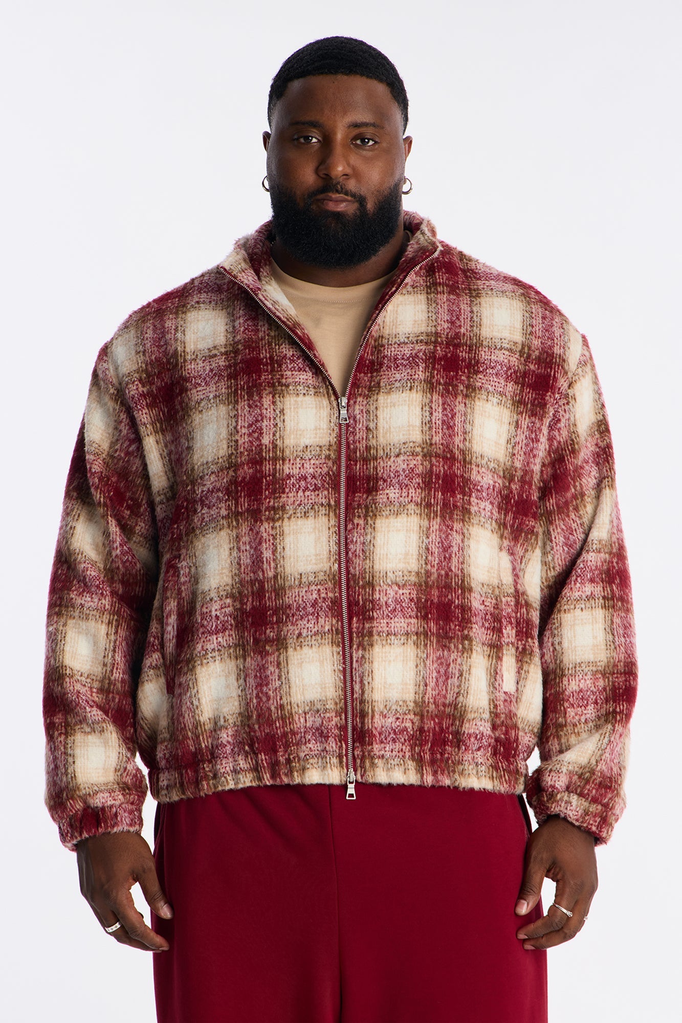 Relaxed Faux Wool Plaid Cozy Bomber Jacket - Burgundy