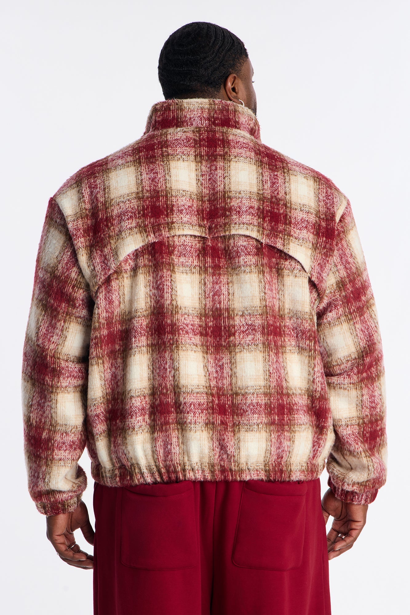 Relaxed Faux Wool Plaid Cozy Bomber Jacket - Burgundy