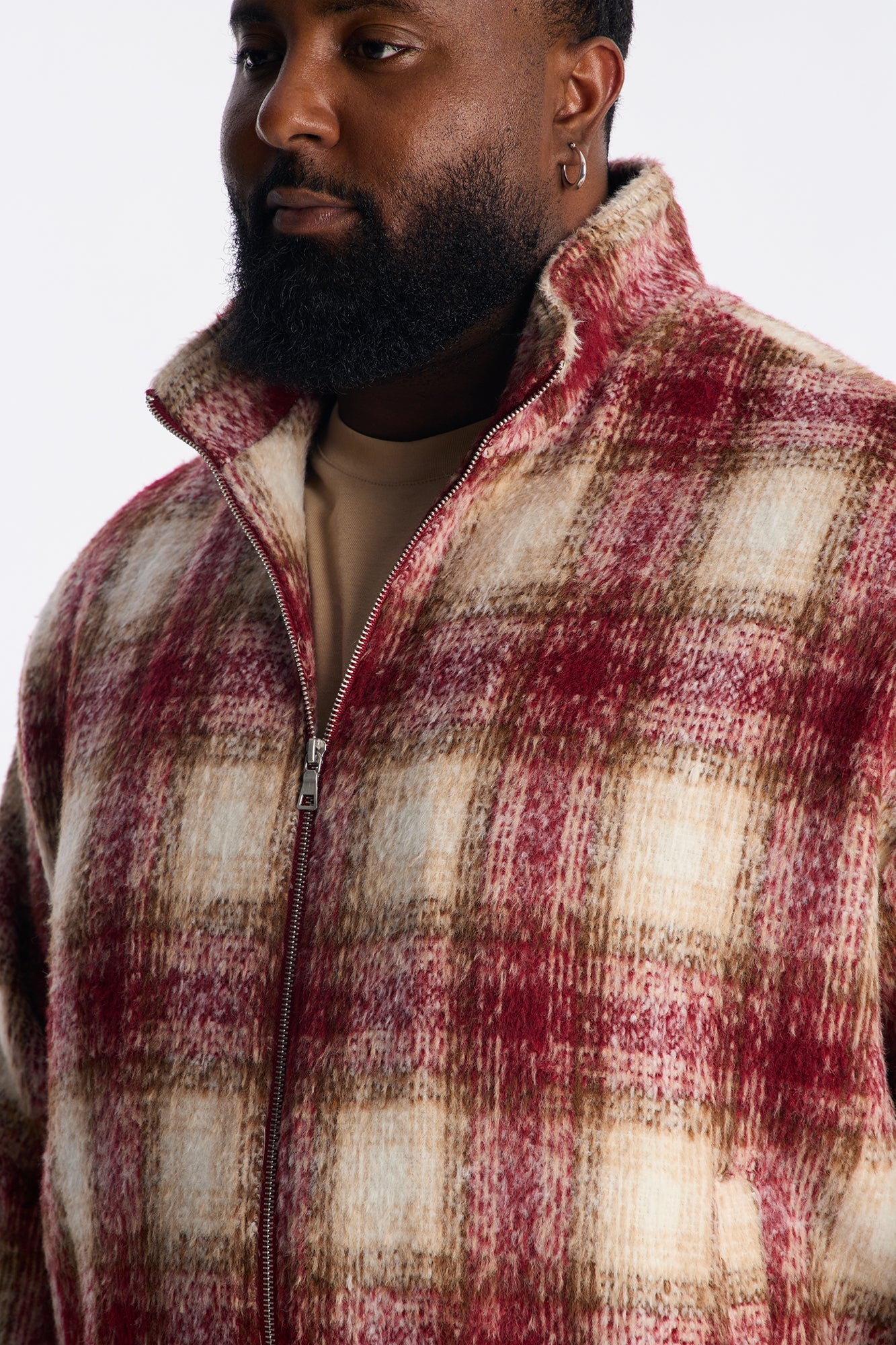 Relaxed Faux Wool Plaid Cozy Bomber Jacket - Burgundy