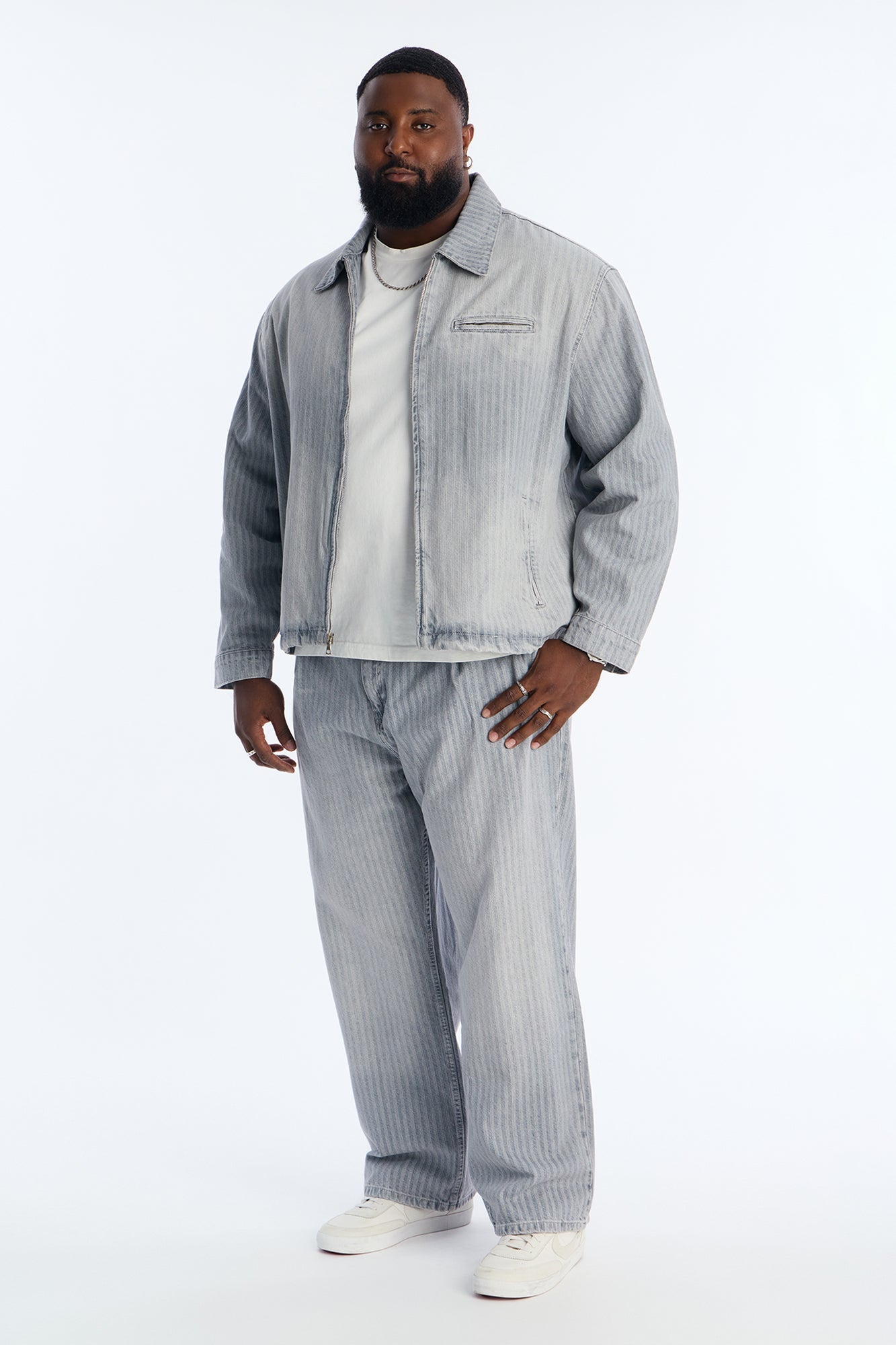 Cropped Subtle Stripe Denim Work Jacket - Grey