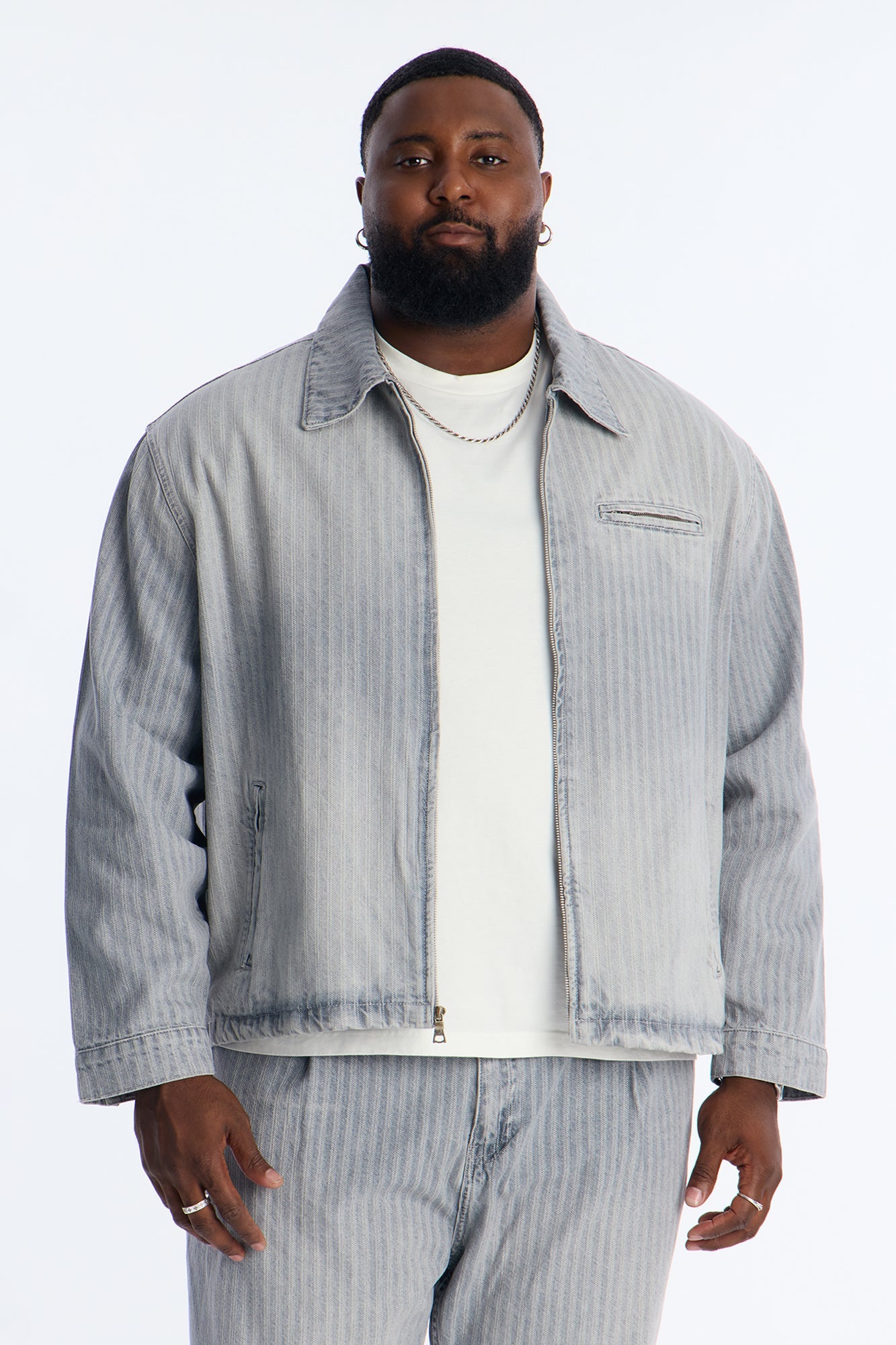 Cropped Subtle Stripe Denim Work Jacket - Grey