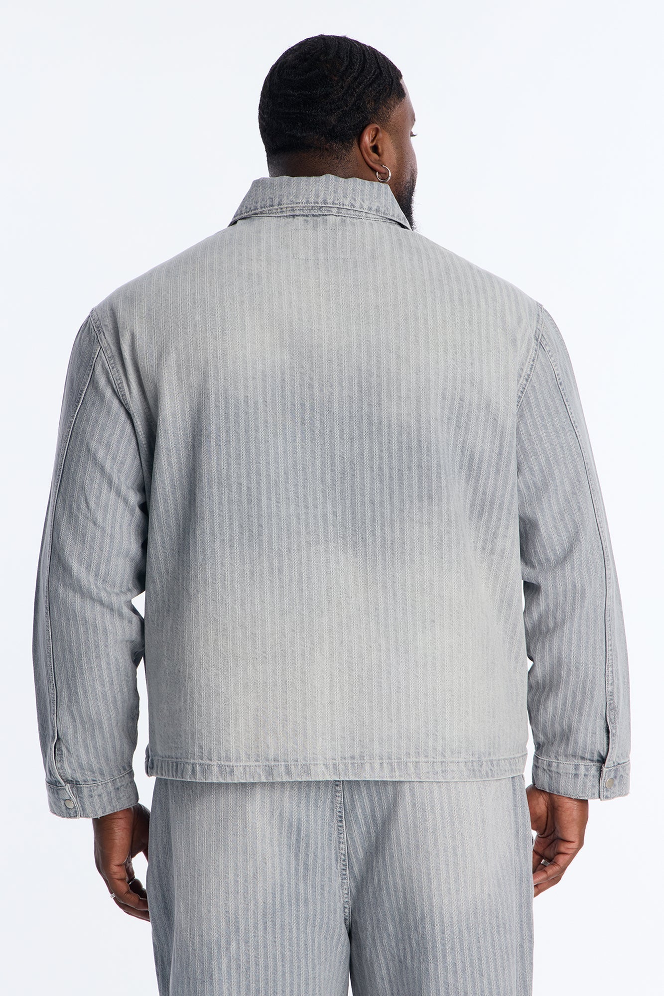 Cropped Subtle Stripe Denim Work Jacket - Grey
