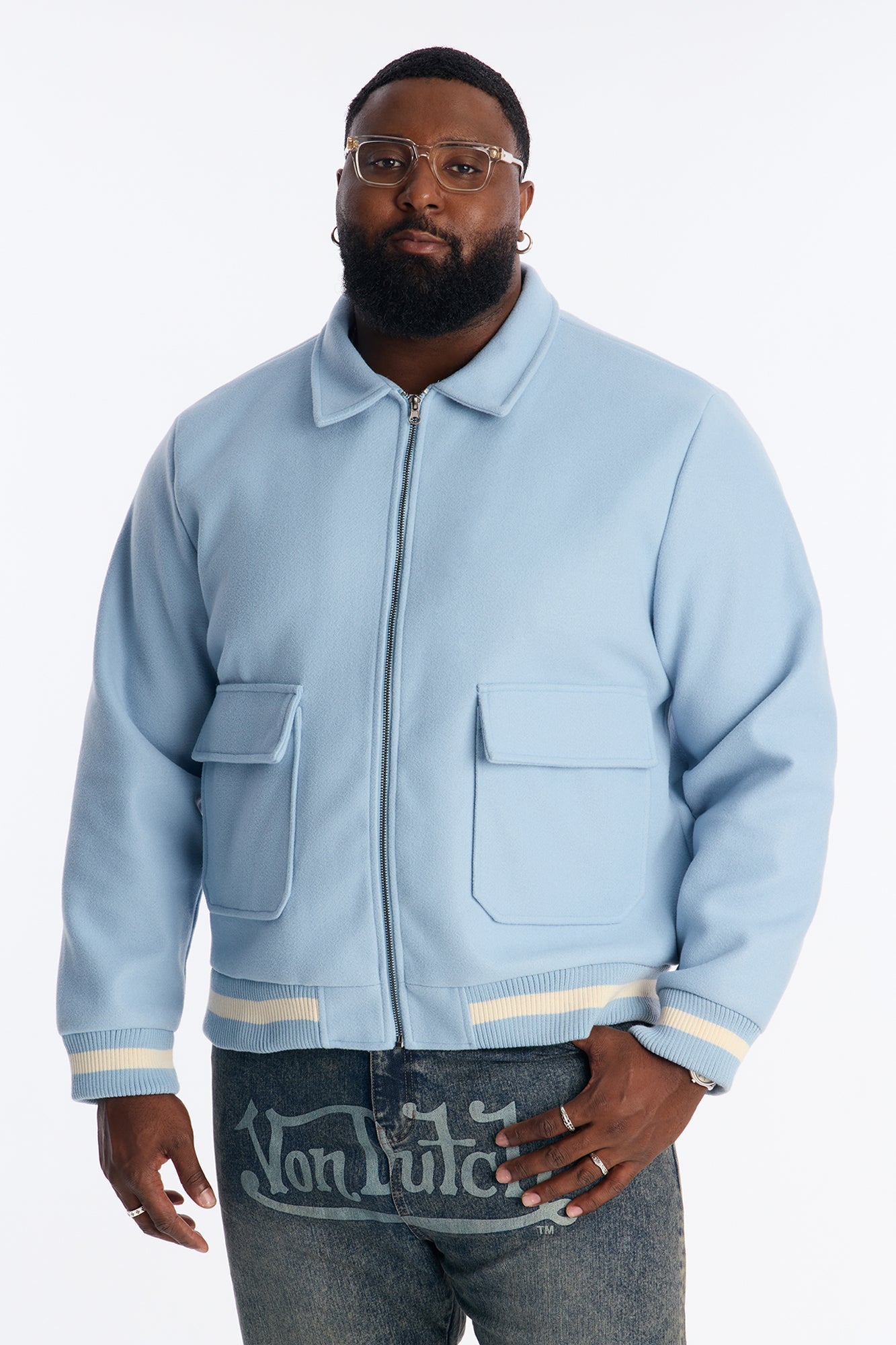 Retro Rib Wool Varsity Jacket - Light Blue