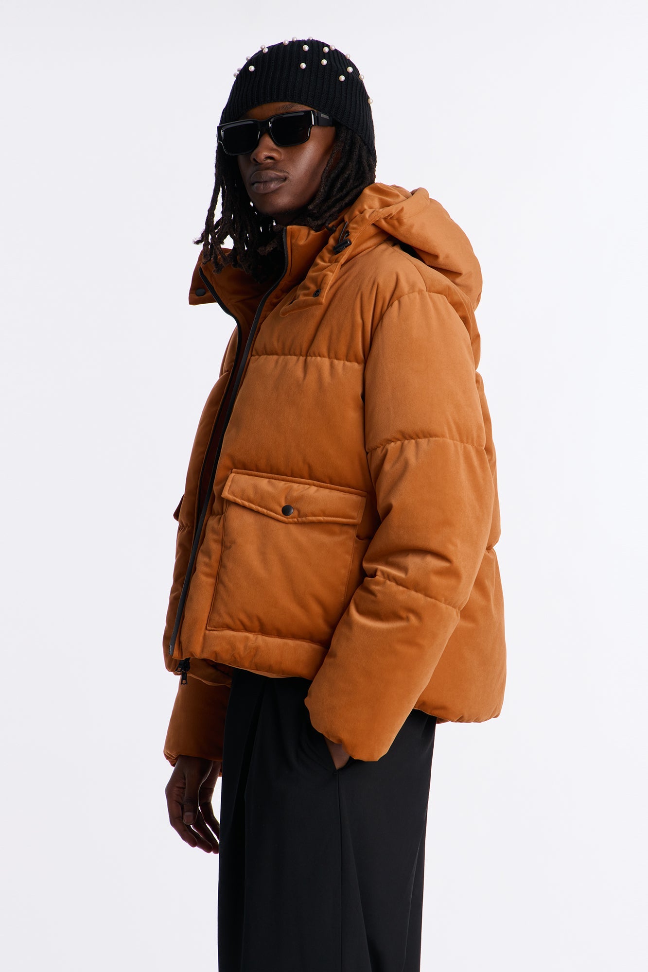 Cropped Hooded Velvet Classic Puffer Jacket - Brown