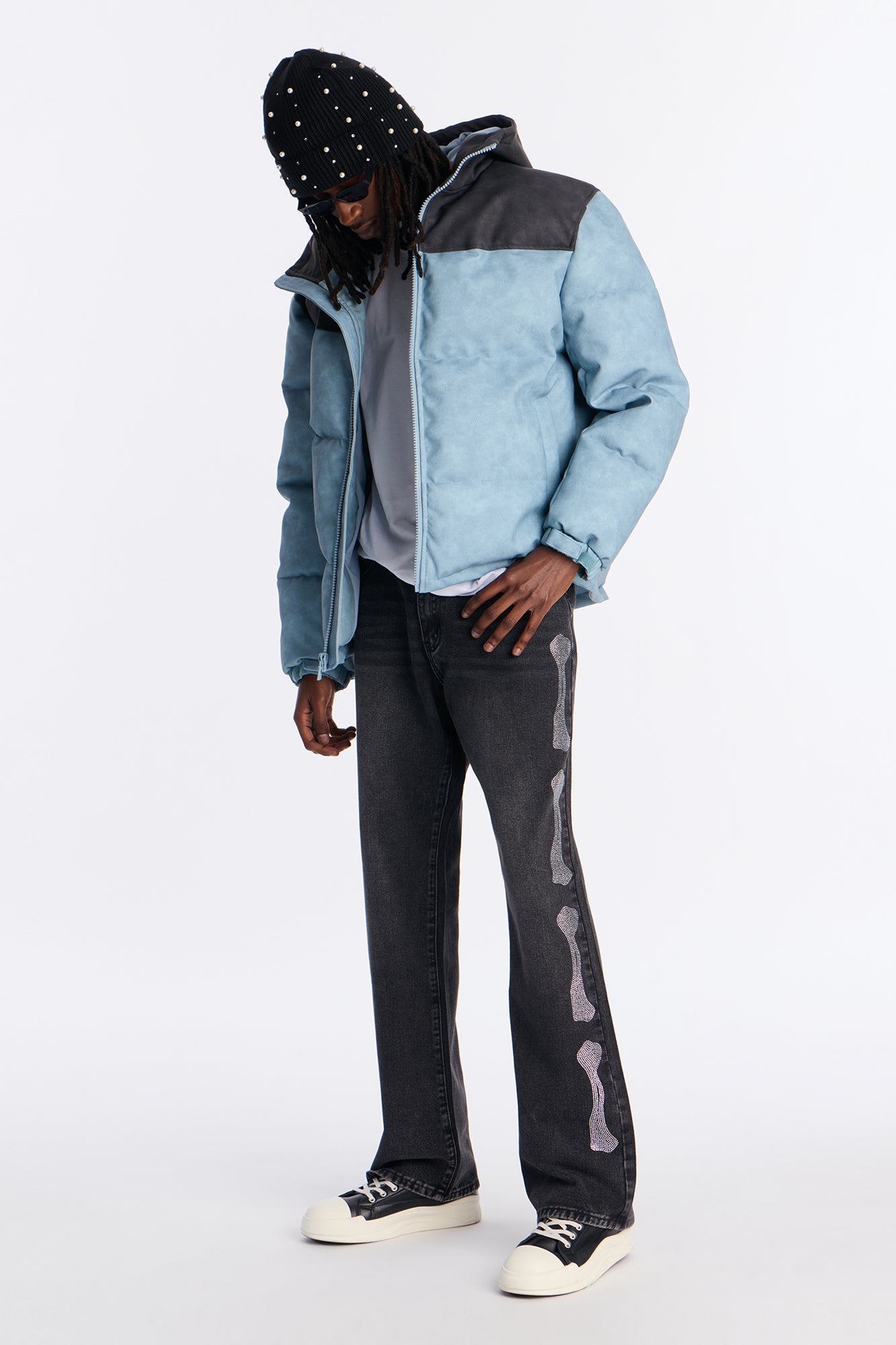 Oversized Hooded Unstoppable Faux Leather Embroidered Puffer Jacket - Blue