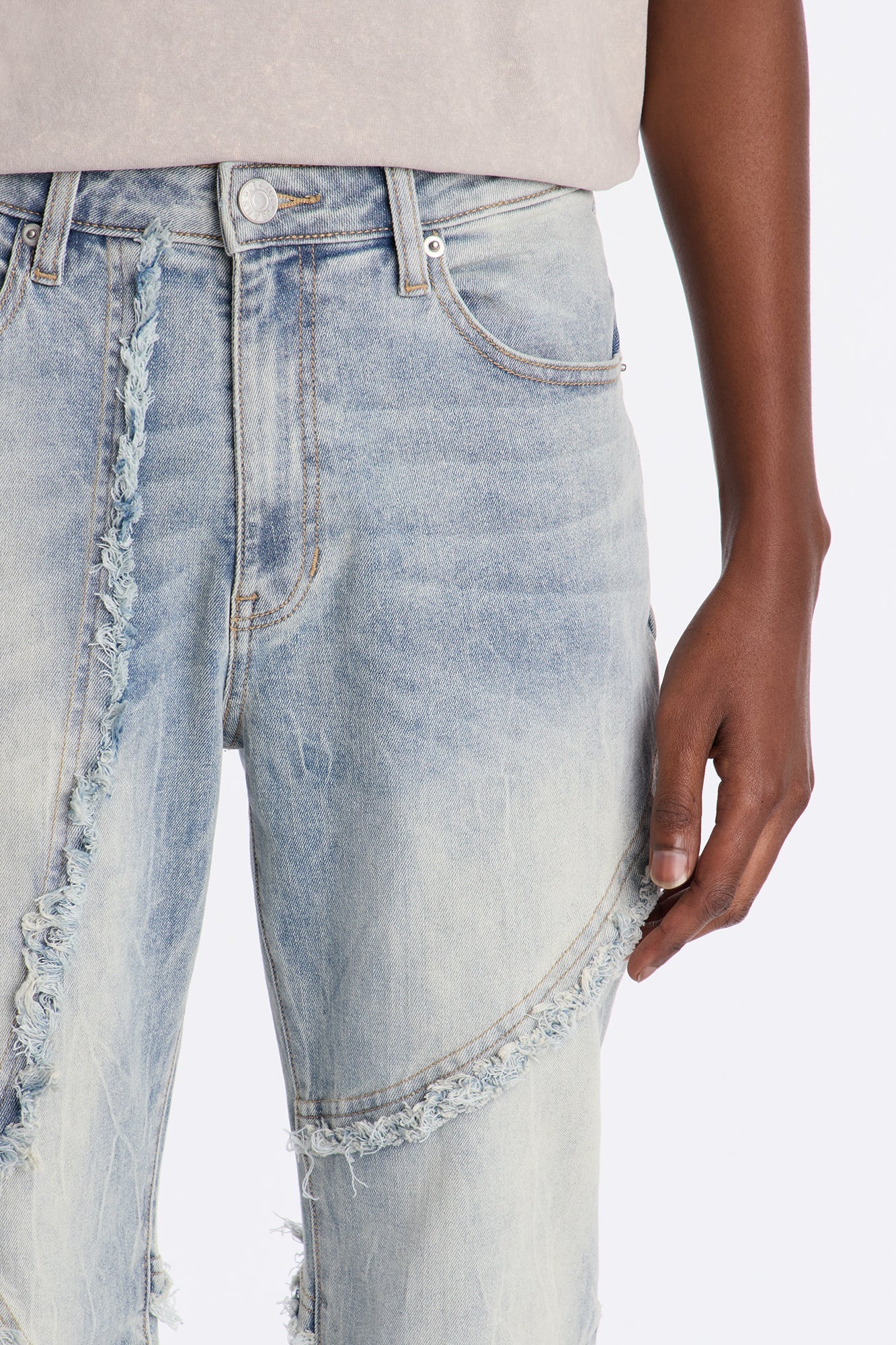 Stacked Skinny Flare Frayed Lines Jean - Light Blue Wash