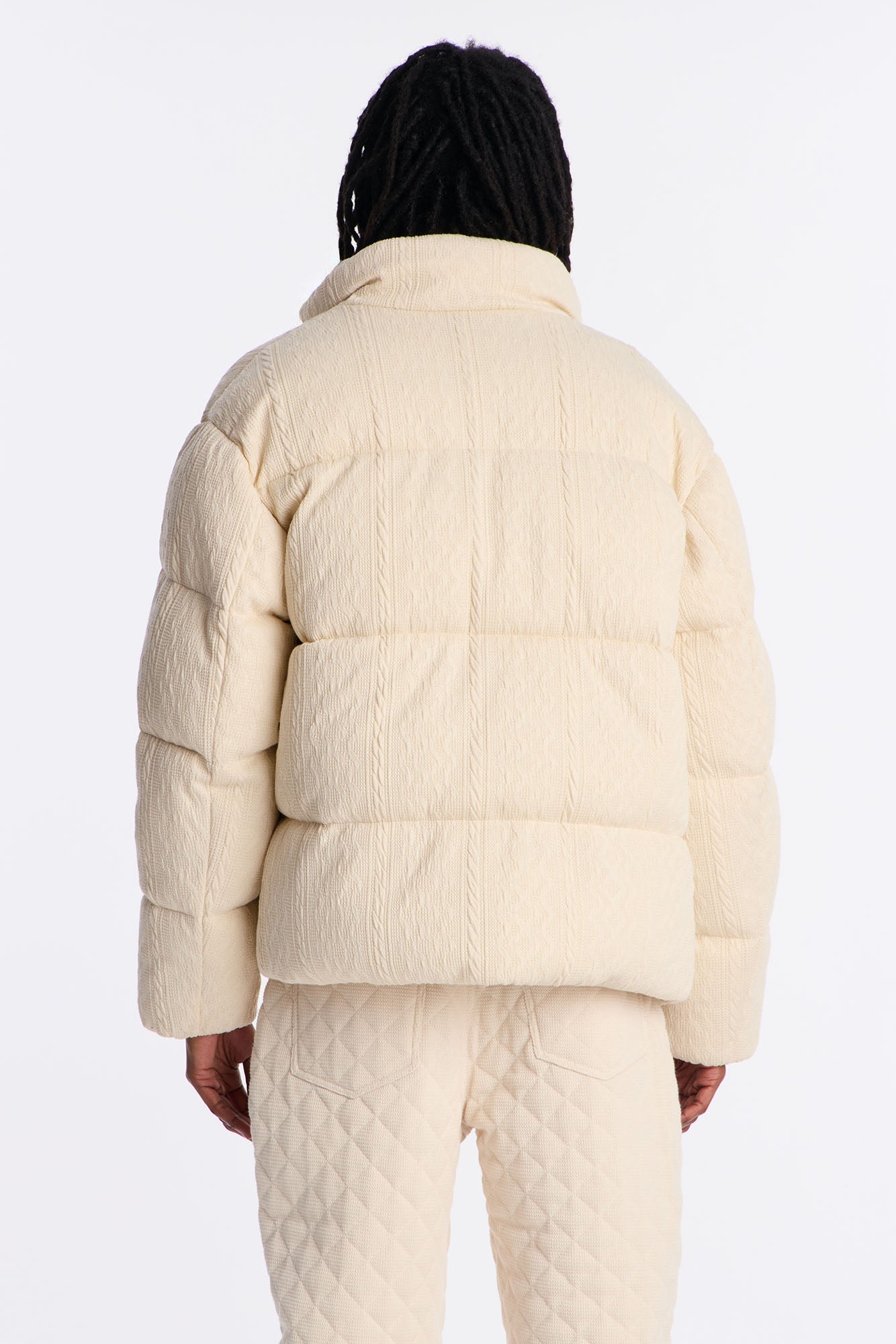 Textured Cable Knit Cabin Puffer Jacket - Cream