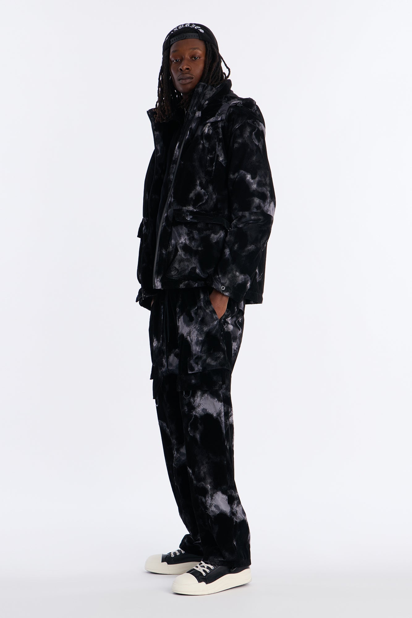 Baggy Flocked Marble Cargo Pant - Black