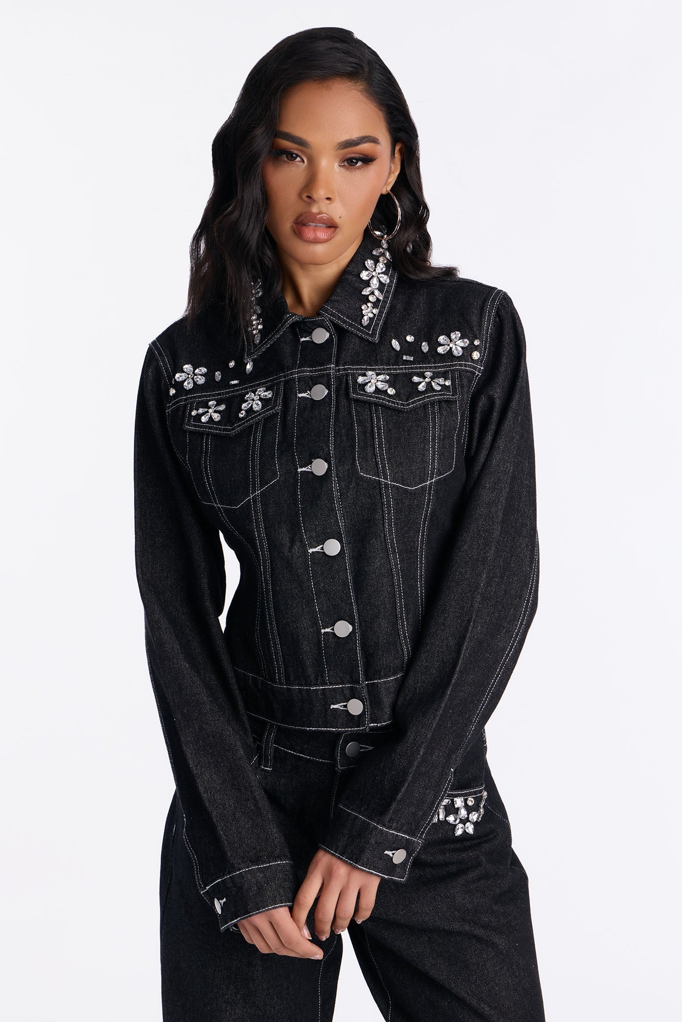Margaux Fancy Embellished Denim Jacket - Black