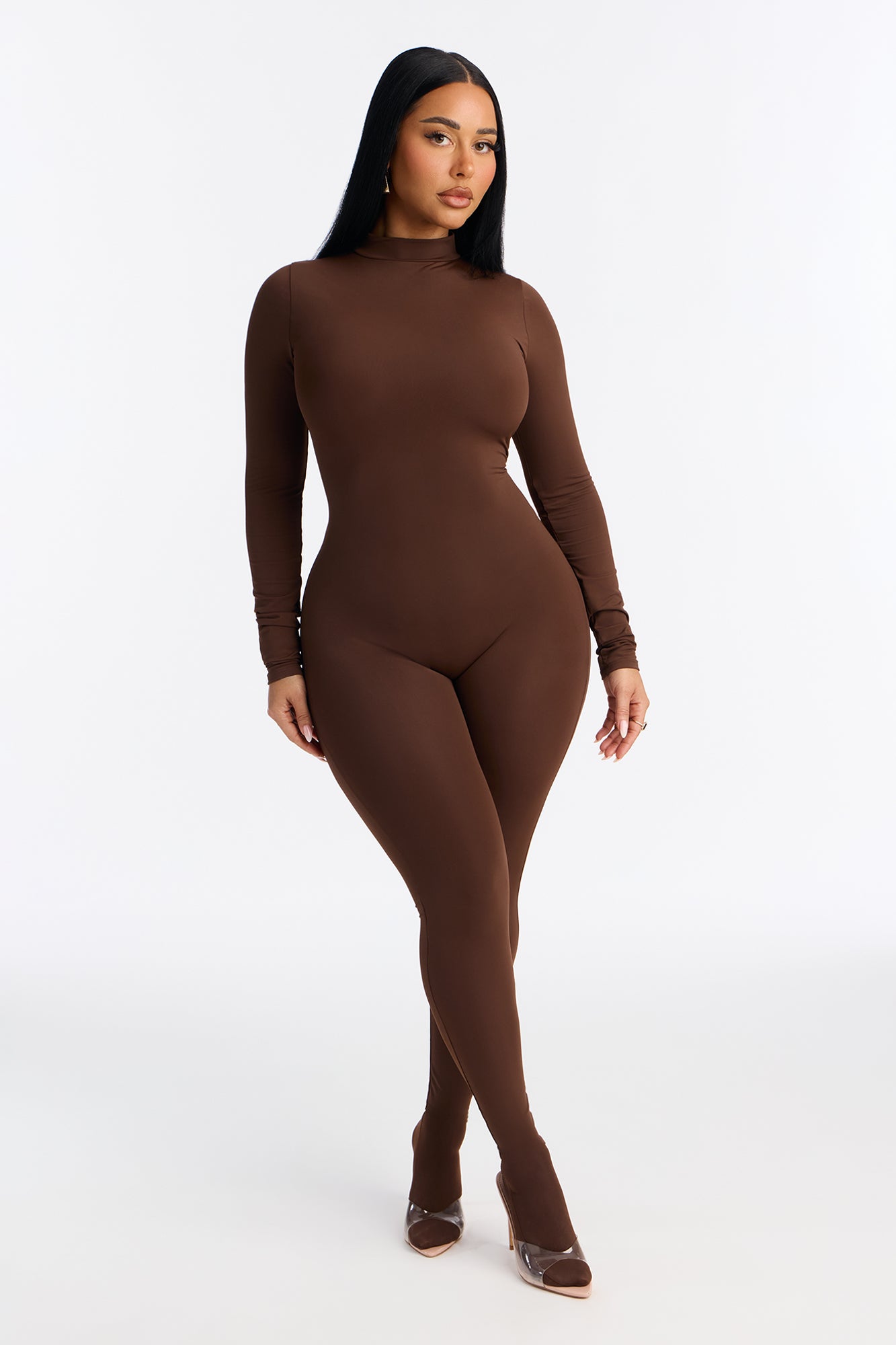 Francesca Mock Neck Footed Catsuit - Chocolate