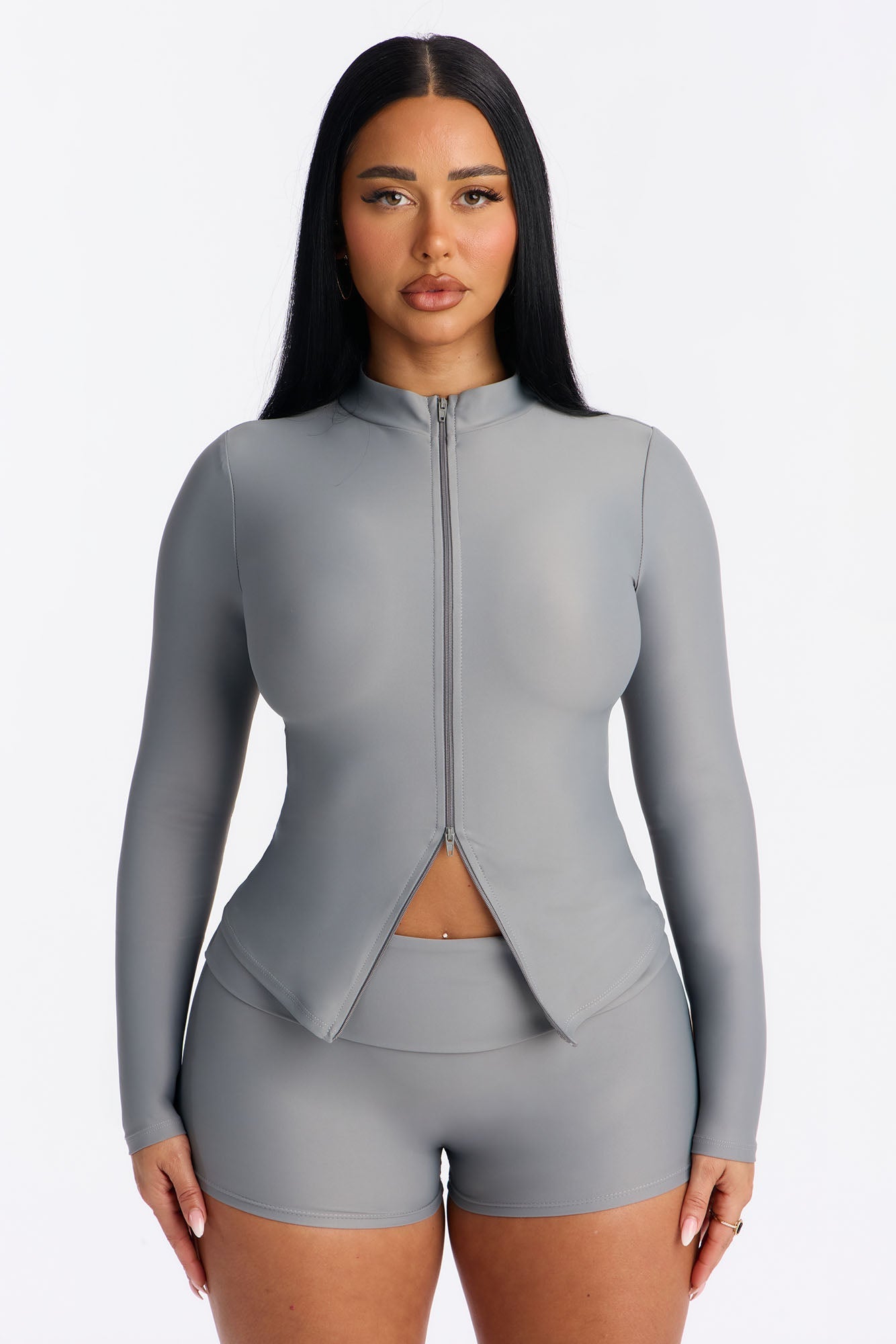 Isabelle Two-Way Zip Fold Over Short Set - Silver