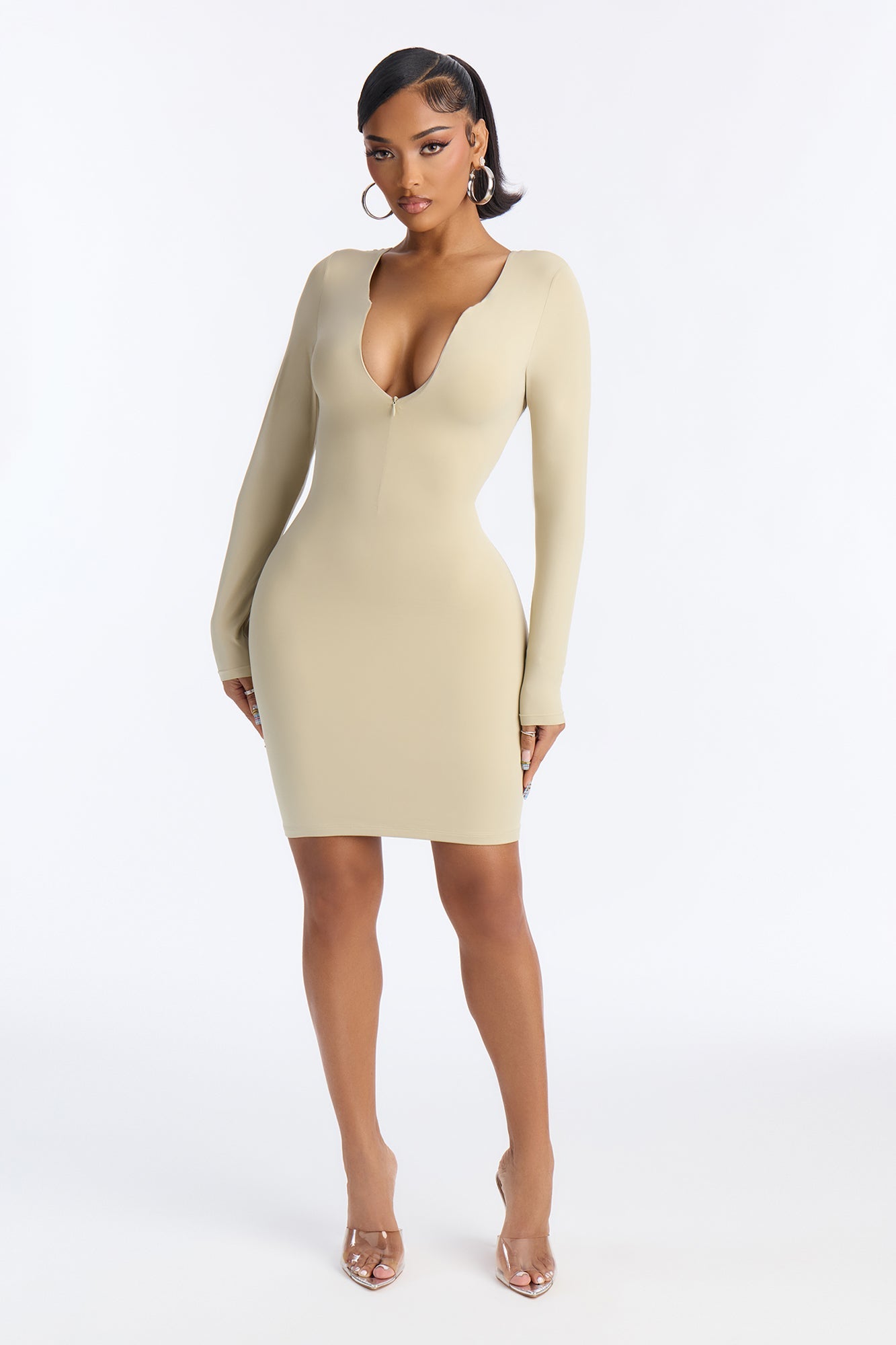 Second Skin Double Lined Zip Front Long Sleeve Mini Dress - Stone
