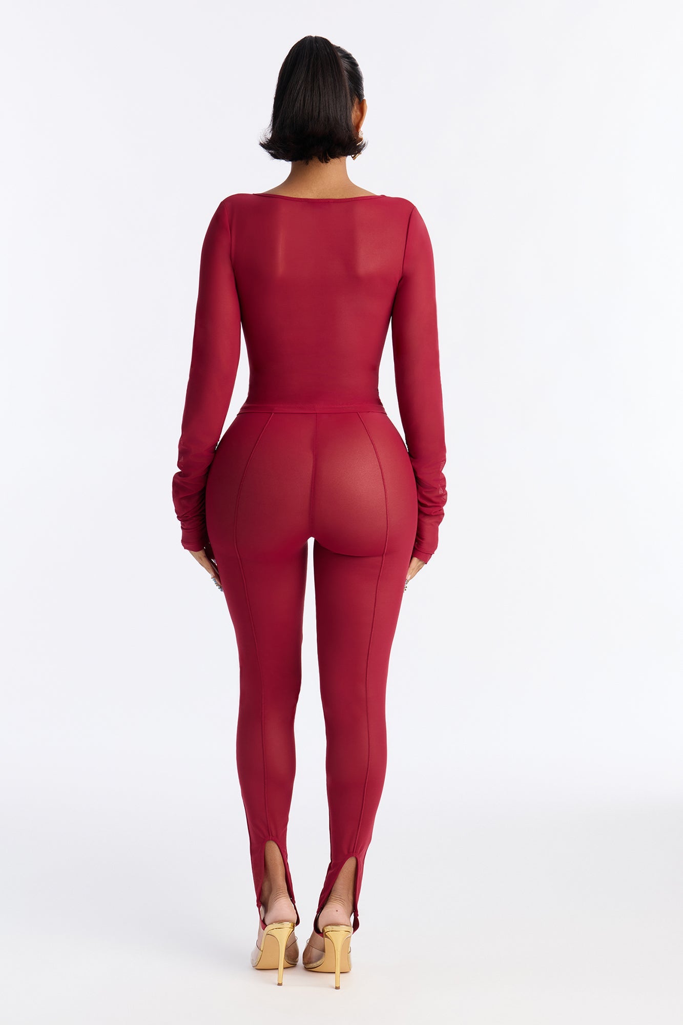 Power Mesh Scoop Long Sleeve Top And Skinny Pant Set - DarkRed