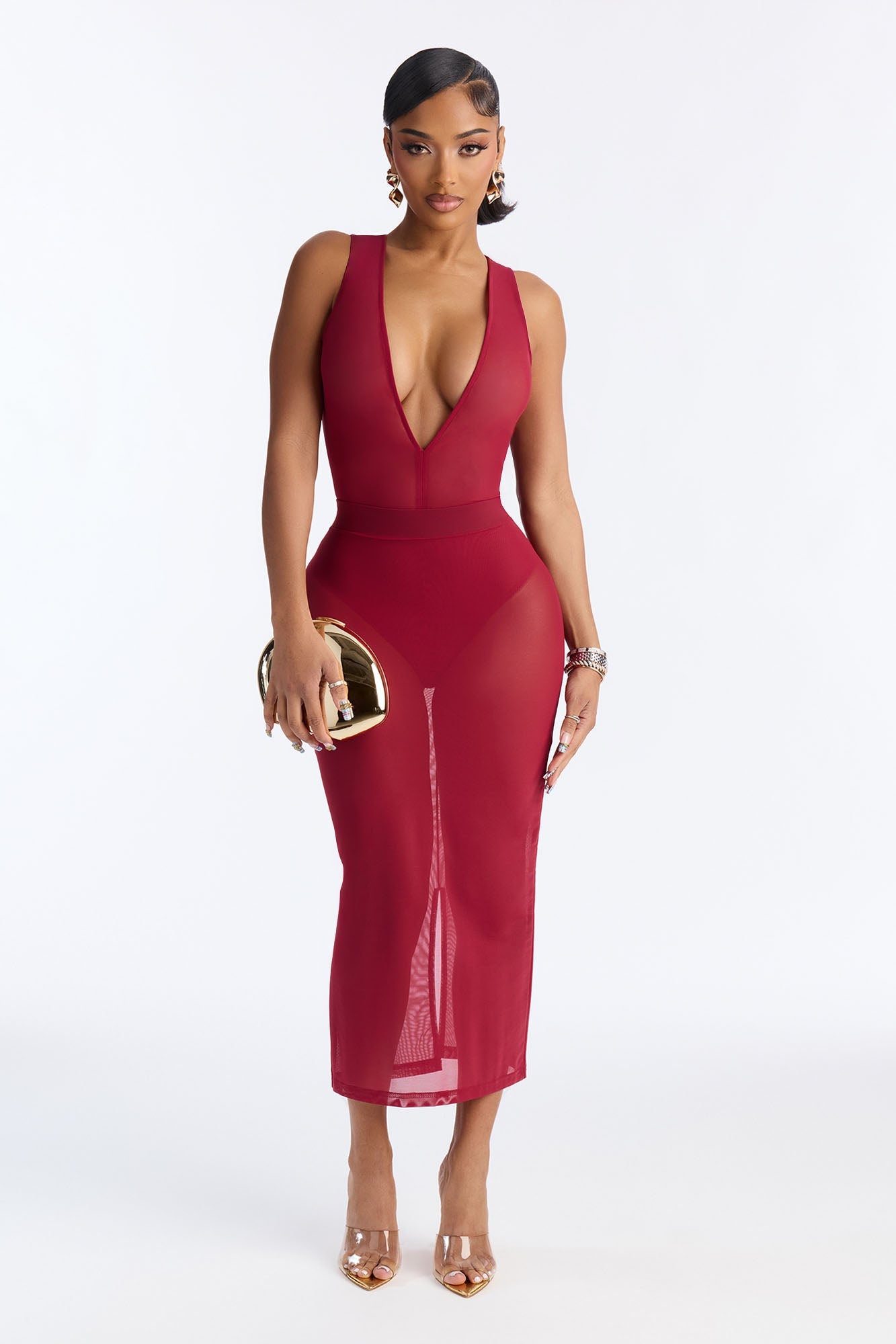 Power Mesh Midi Pencil Skirt - DarkRed