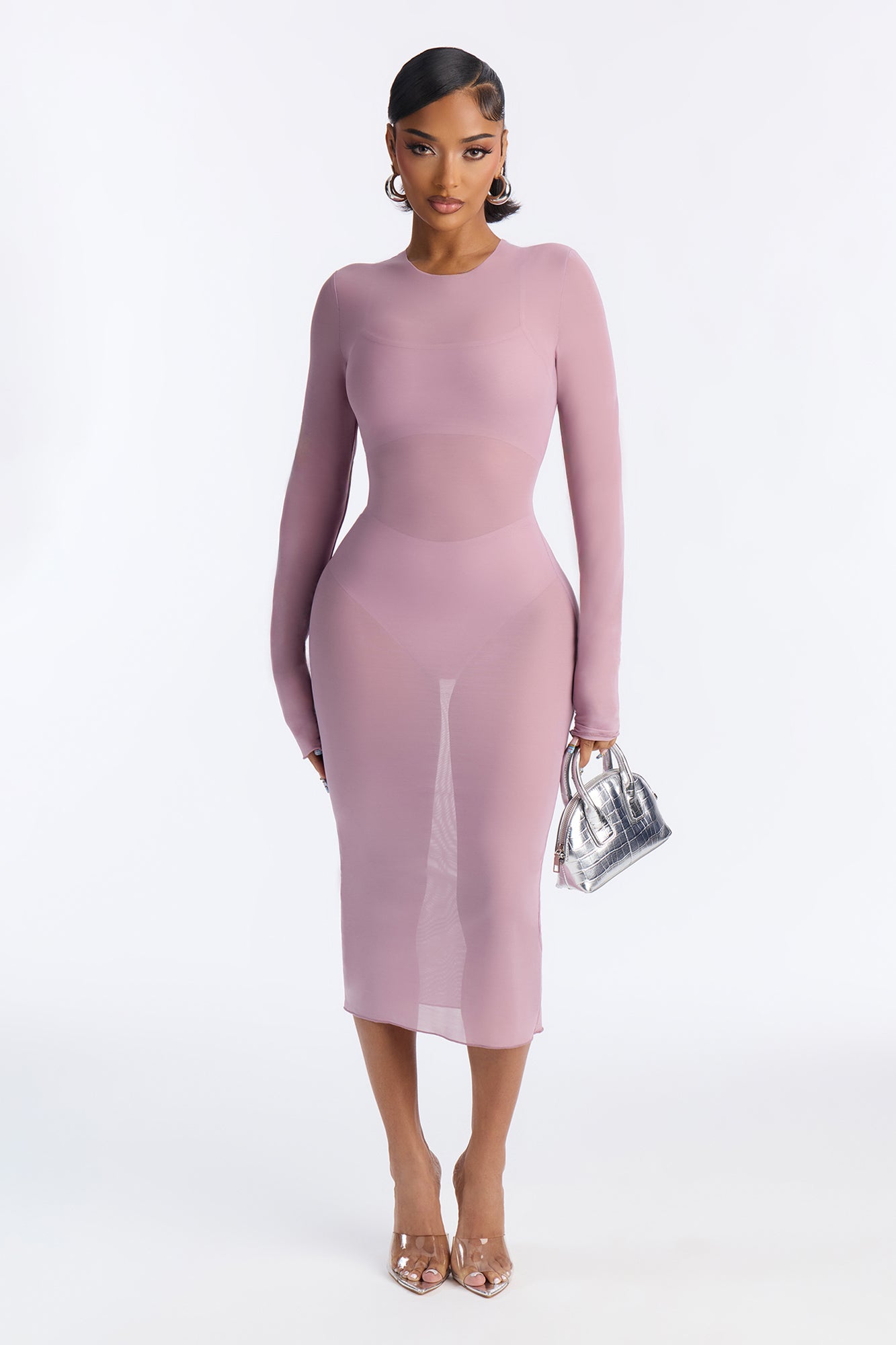 Power Mesh Long Sleeve Midi Dress - Lavender
