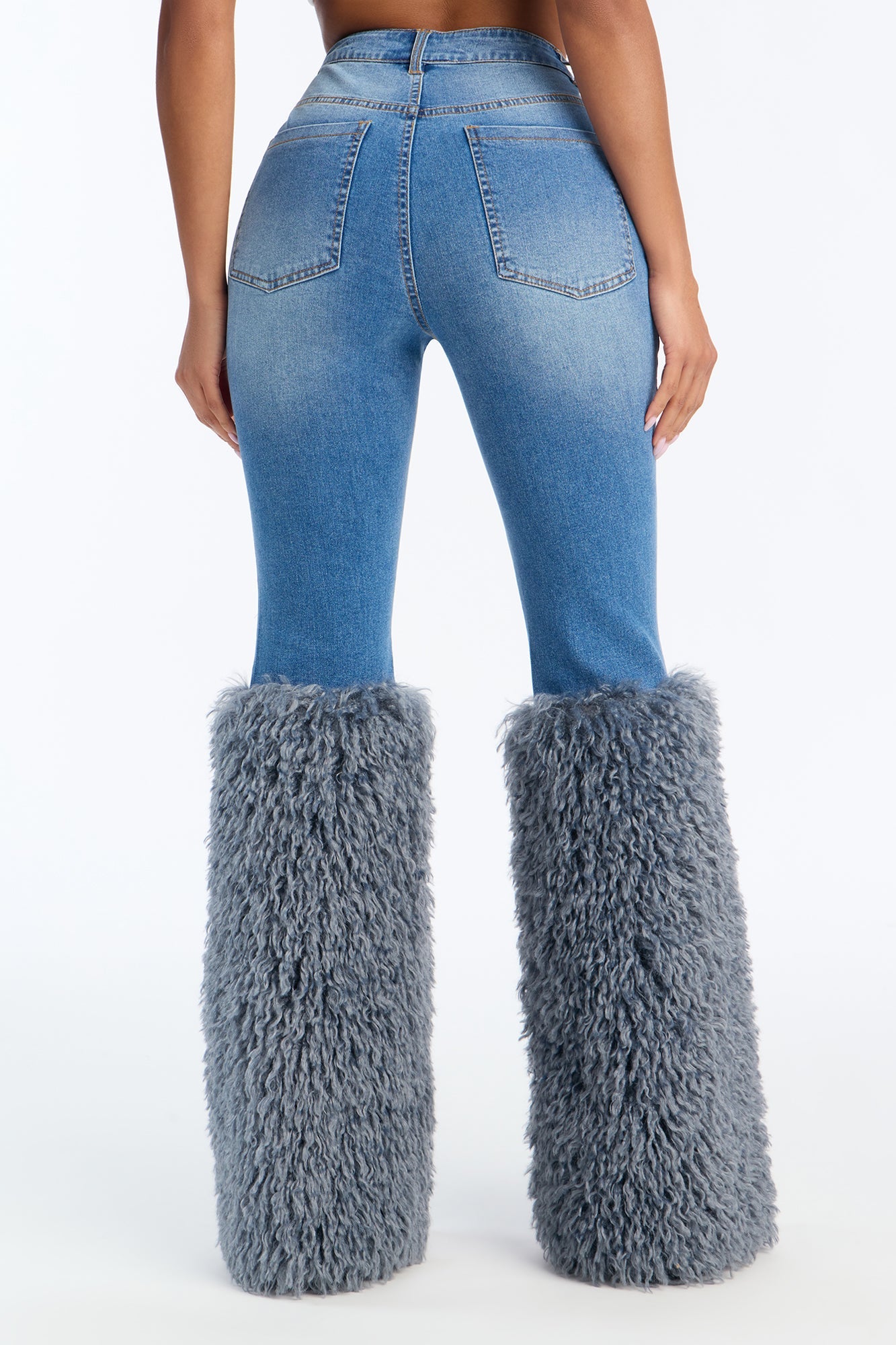Talk Of Town Faux Fur Flare Jeans - Medium Wash