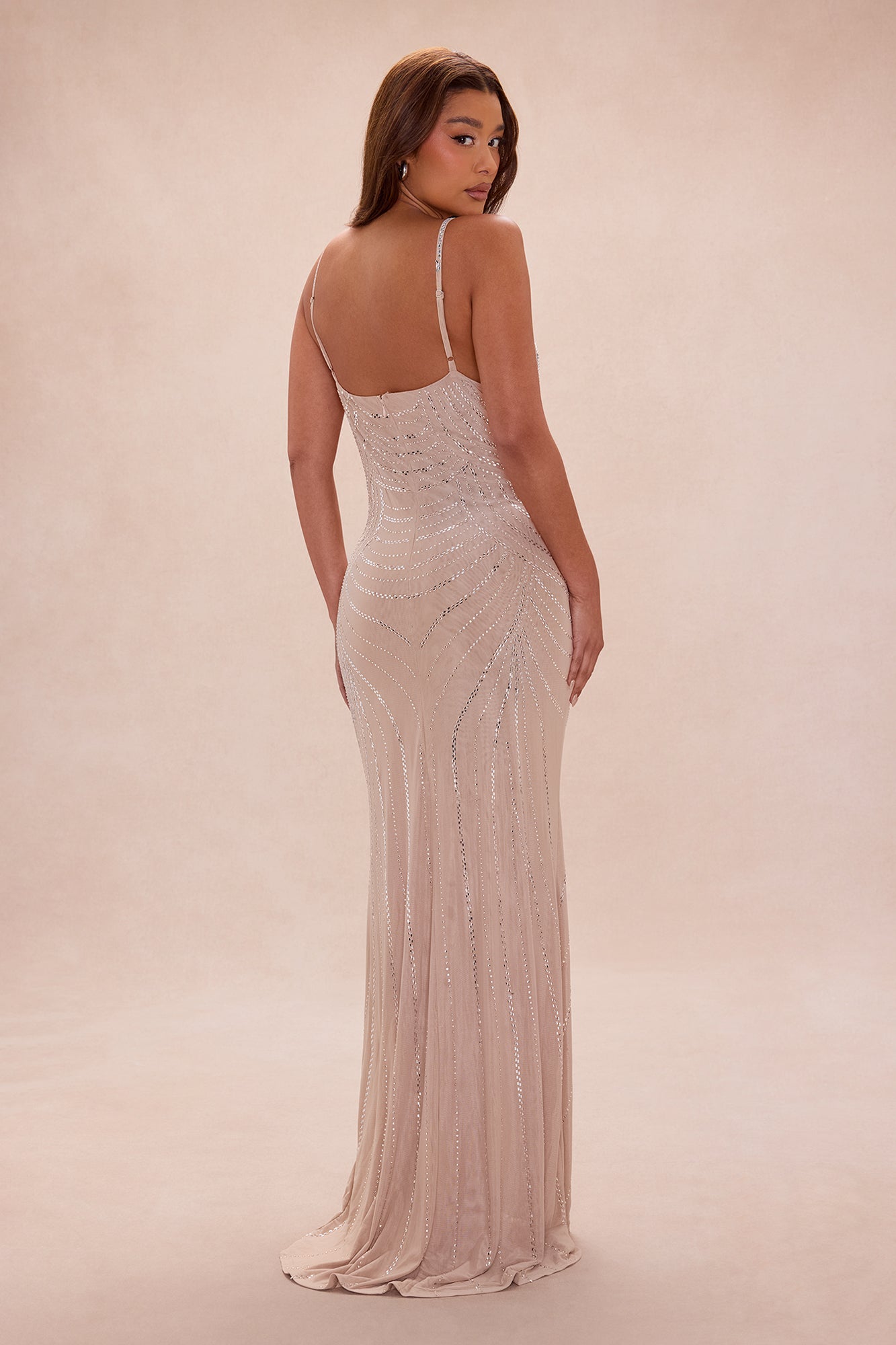 Gracelynn Rhinestone Fringe Maxi Dress - Champagne