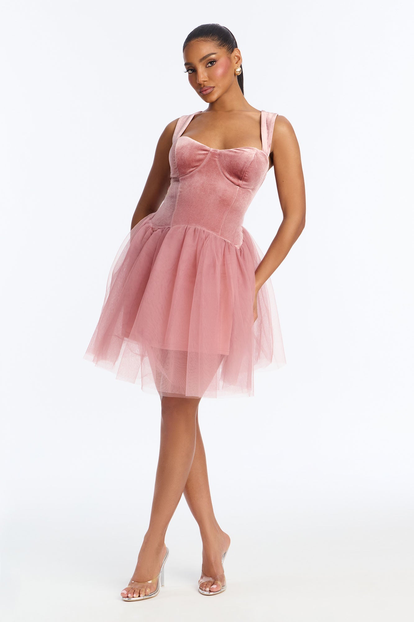 Constanza Velvet Tulle Mini Dress - Mauve